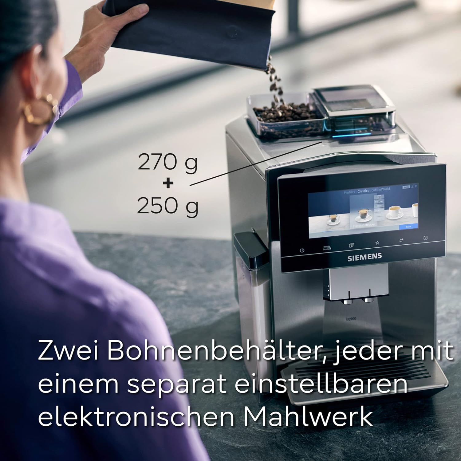 Siemens Kaffeevollautomat EQ900 TQ903D03, App-Steuerung, intuitives Full-Touch-Display, Barista-Modus, AromaBoost, Geräuschreduzierung, Premiummahlwerk, automatische Dampfreinigung, 1500 W, edelstahl