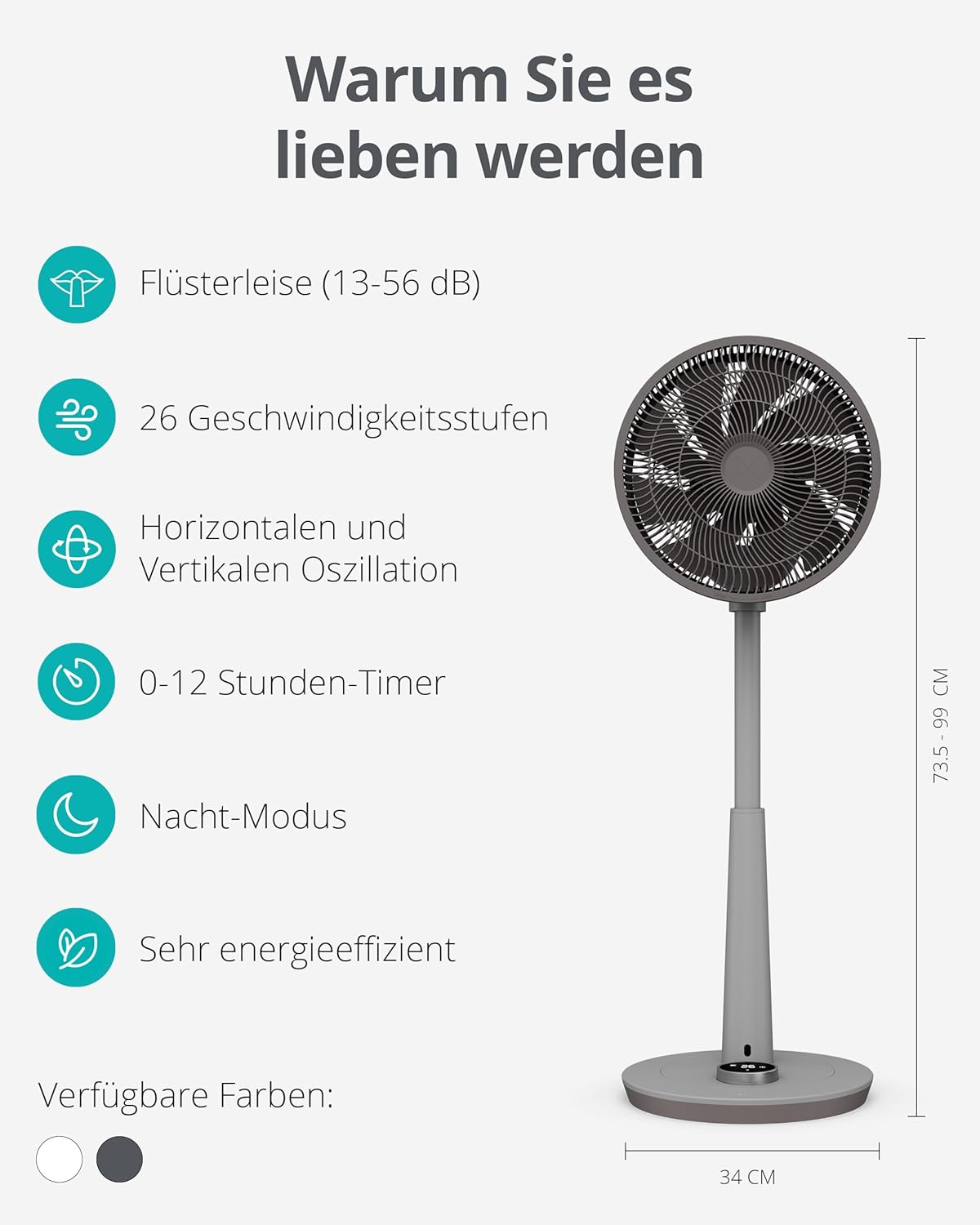 Duux Whisper 2 Standventilator Leise - Sparsamer DC-Motor mit 26 Geschwindigkeiten - Ventilator Höhenverstellbar (73-95cm) - Horizontale + Vertikale Oszillation - Weiß