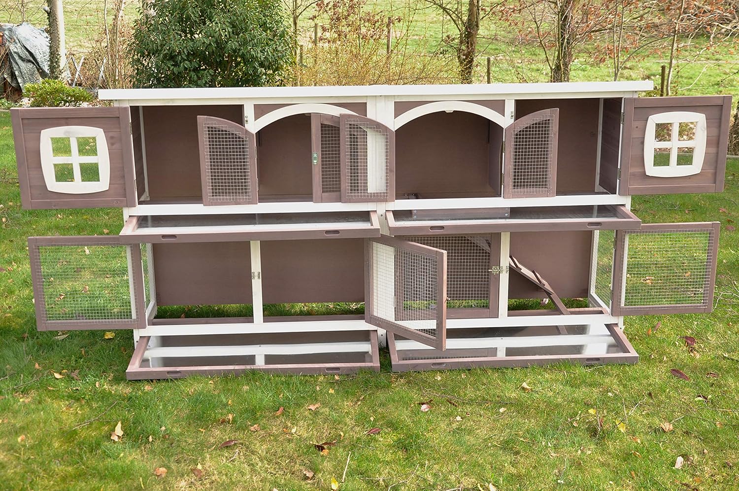 nanook Murmel XXL Doppel Kaninchenstall Hasenstall - doppelstöckig - wetterfest - 211 x 52 x 107 - Farbe: Taupe/Weiss - extra großes Kaninchengehege