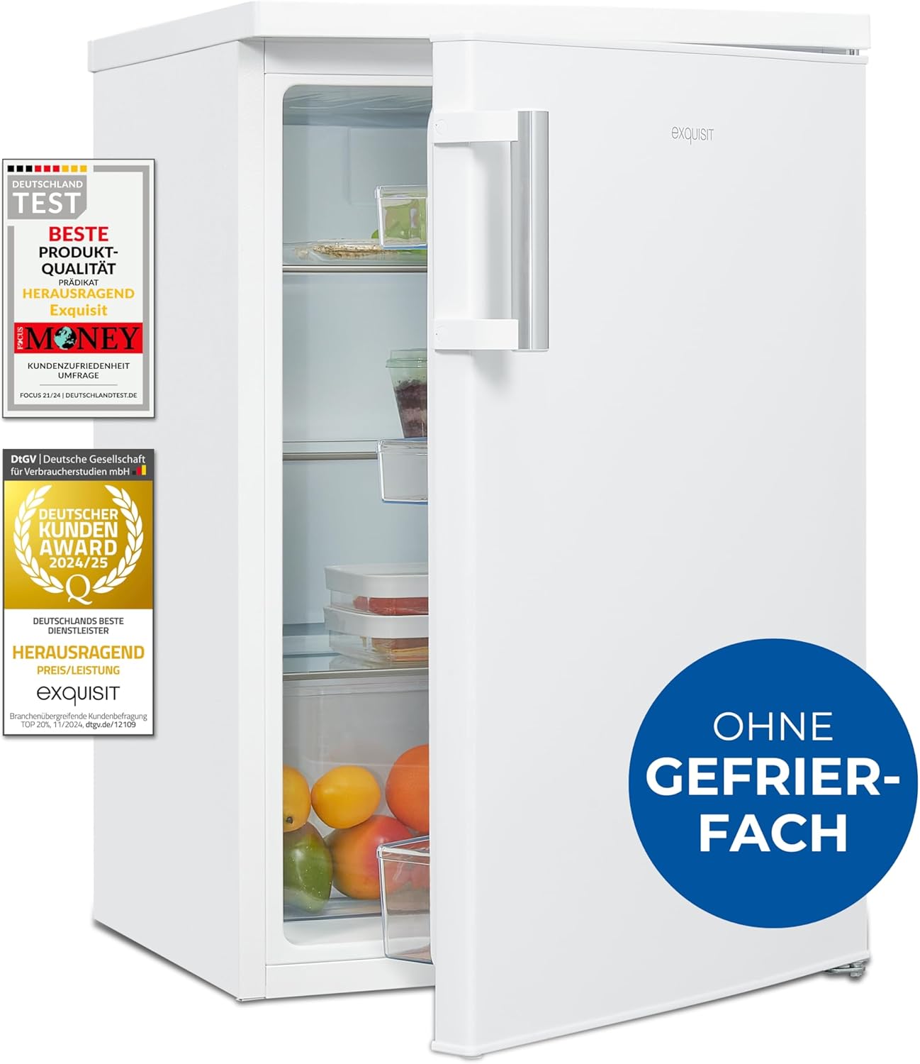 Exquisit Kühlschrank ohne Gefrierfach, 133 Liter, Vollraumkühlschrank freistehend, Türanschlag Wechselbar, KS516-V-H-010D weiss