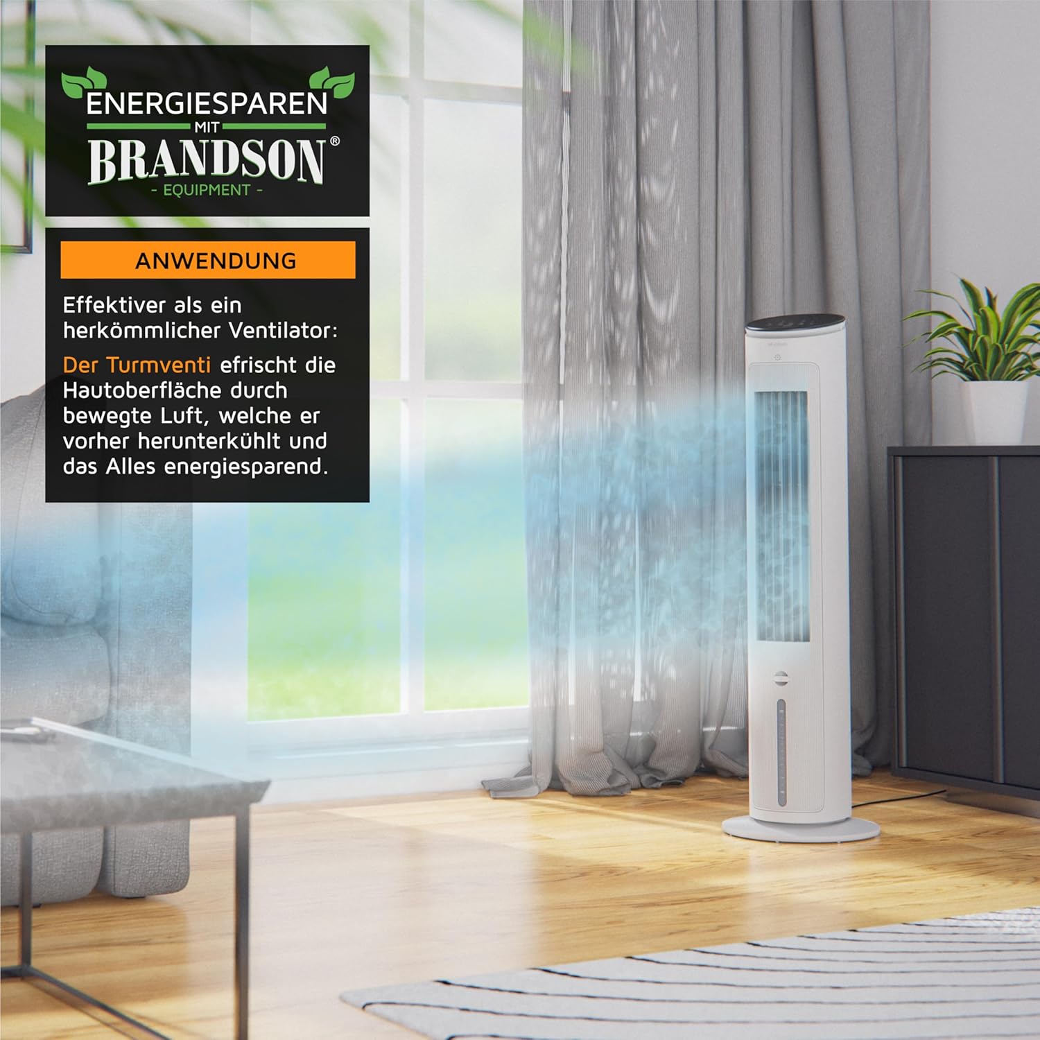 Brandson - Turmventilator mit Wasserkühlung - Preisträger 2025 - Verdunstungskühler - Luftkühler - Ventilator - mobile Klimaanlage ohne Abluftschlauch - 5 in 1 - leise - 4,6 L Wassertank - weiß