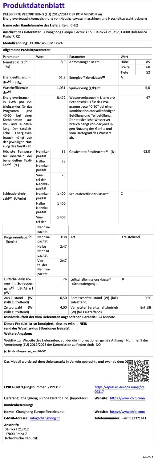 CHiQ Waschmaschine 7kg, 15 Programme, InverterMotor, Eco-Logic, Speed Wash, 60x46,5x84cm, Auto Clean, Washer Grau, CW07123863AX