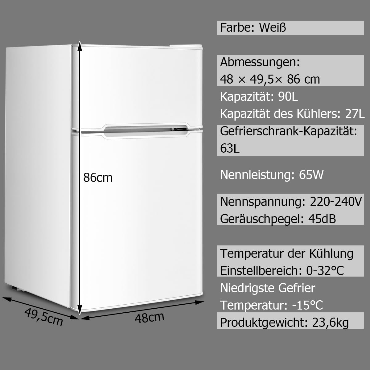 GOPLUS Kühlschrank mit Gefrierfach - Kühl Gefrierkombination / 90L Gesamtnutzinhalt, 27L Gefrierteil/Thermostat einstellbar/LED Innenbeleuchtung/Türanschlag wechselbar (Weiß)