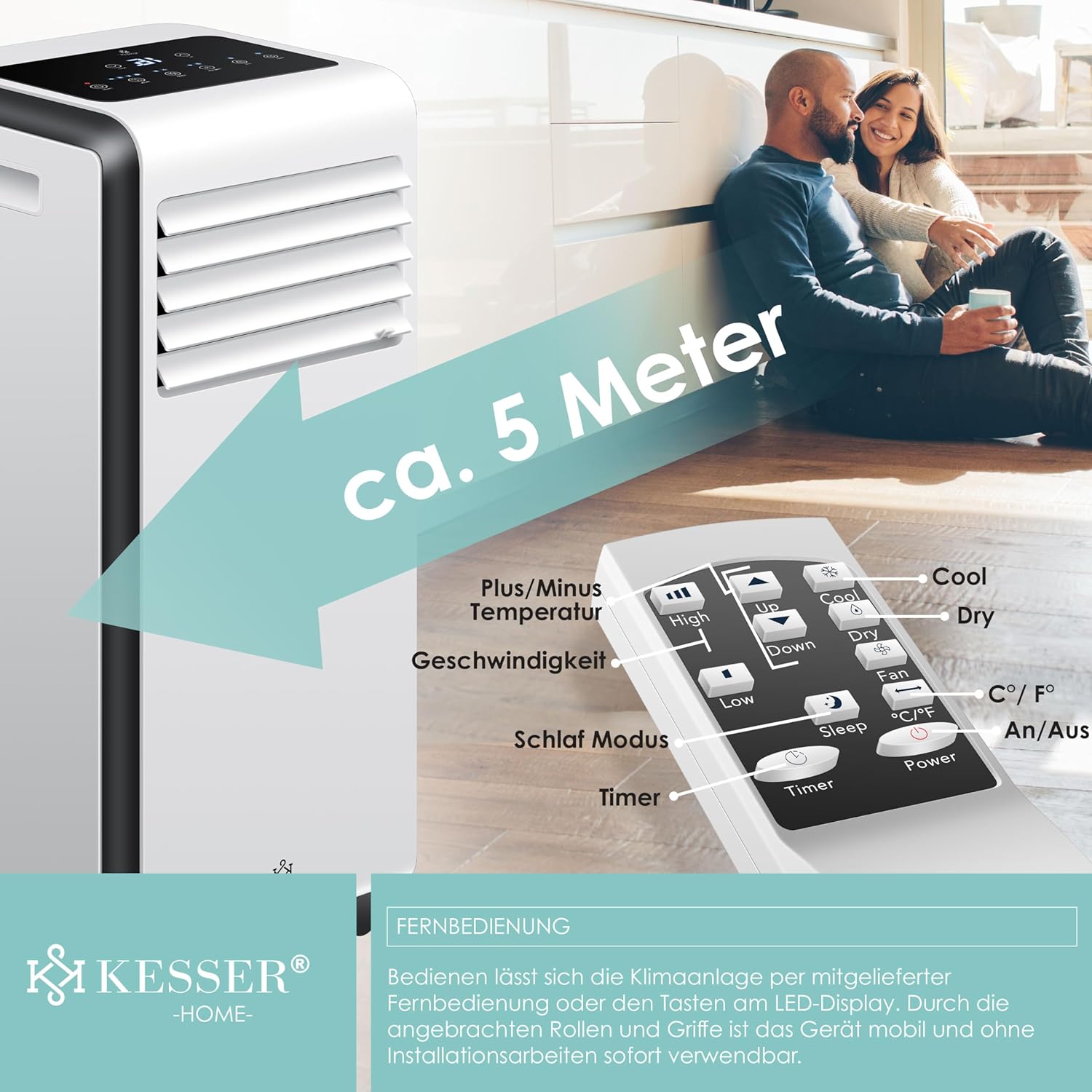KESSER® Klimaanlage Mobiles Klimagerät 4in1 kühlen | Luftentfeuchter lüften | Ventilator 9000 BTU/h 1005W | Mobil Klima mit Montagematerial, Fernbedienung & Timer | Nachtmodus & 360° Rollen