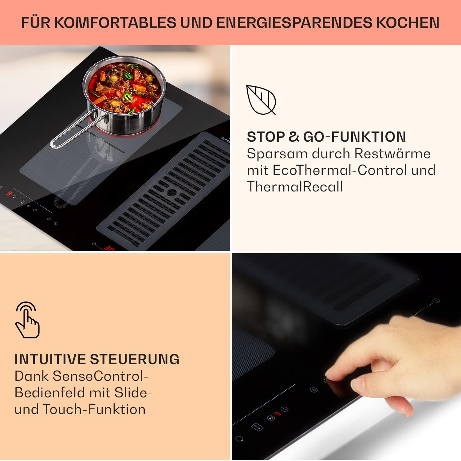 Klarstein 2-in-1 Induktionskochfeld mit Dunstabzug, Induktionskochfeld mit Abluft & Ventilator, 4-Zonen-Kochfeld, Glaskeramik-Einbauherd, Kochfeld mit Dunstabzug, Energieklasse A, 654m³/h Luftstrom