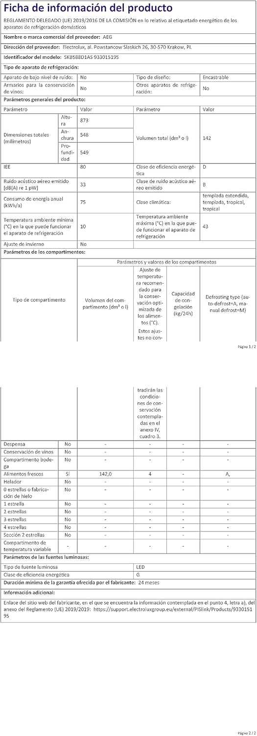 AEG TSK5O881ES Built-In Fridge / 880 mm / 142 L/Tow Door/E