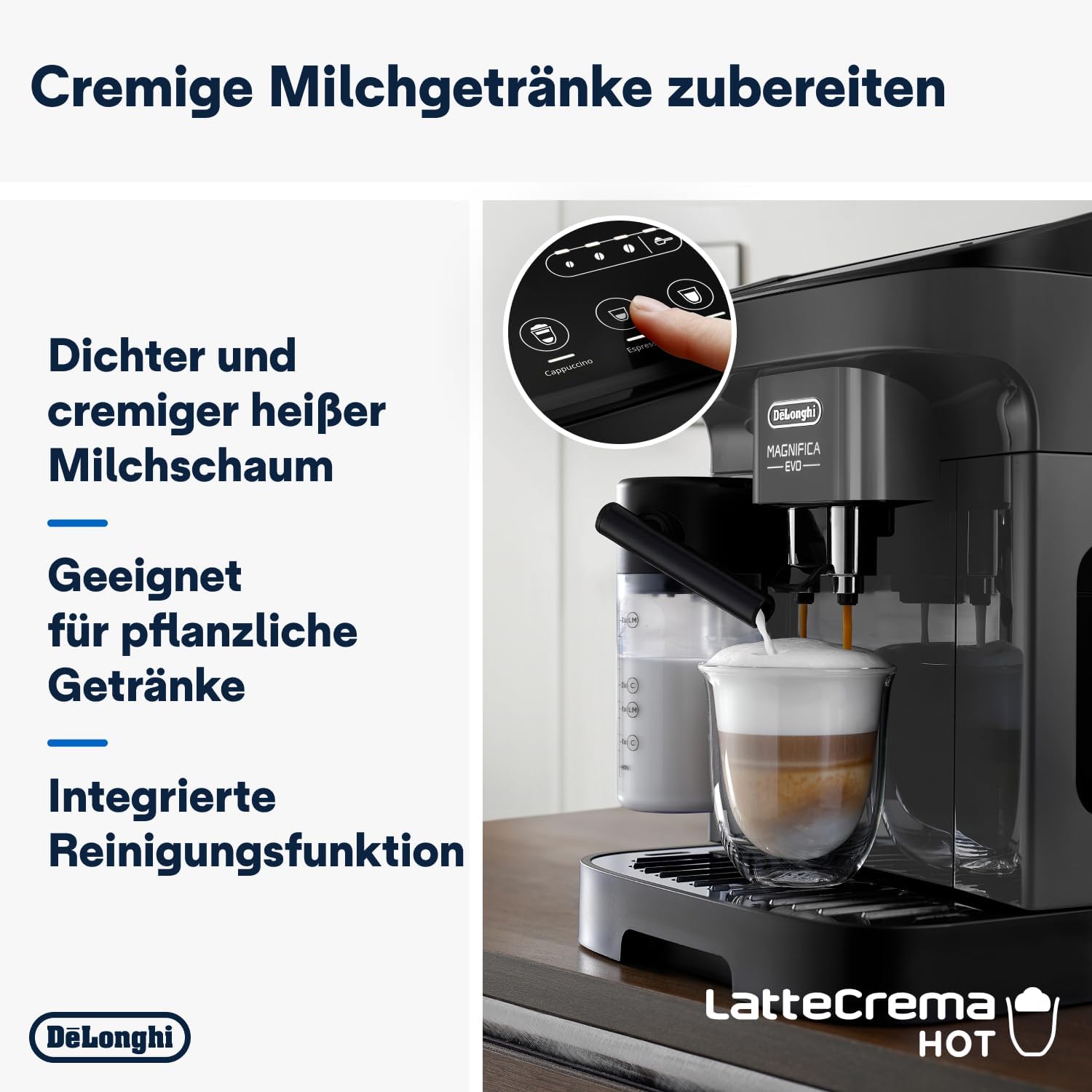 De'Longhi Magnifica Evo ECAM 292.81.B Kaffeevollautomat mit LatteCrema Milchsystem, 7 Direktwahltasten für Cappuccino, Espresso und weitere Kaffeespezialitäten, 2-Tassen-Funktion, Schwarz