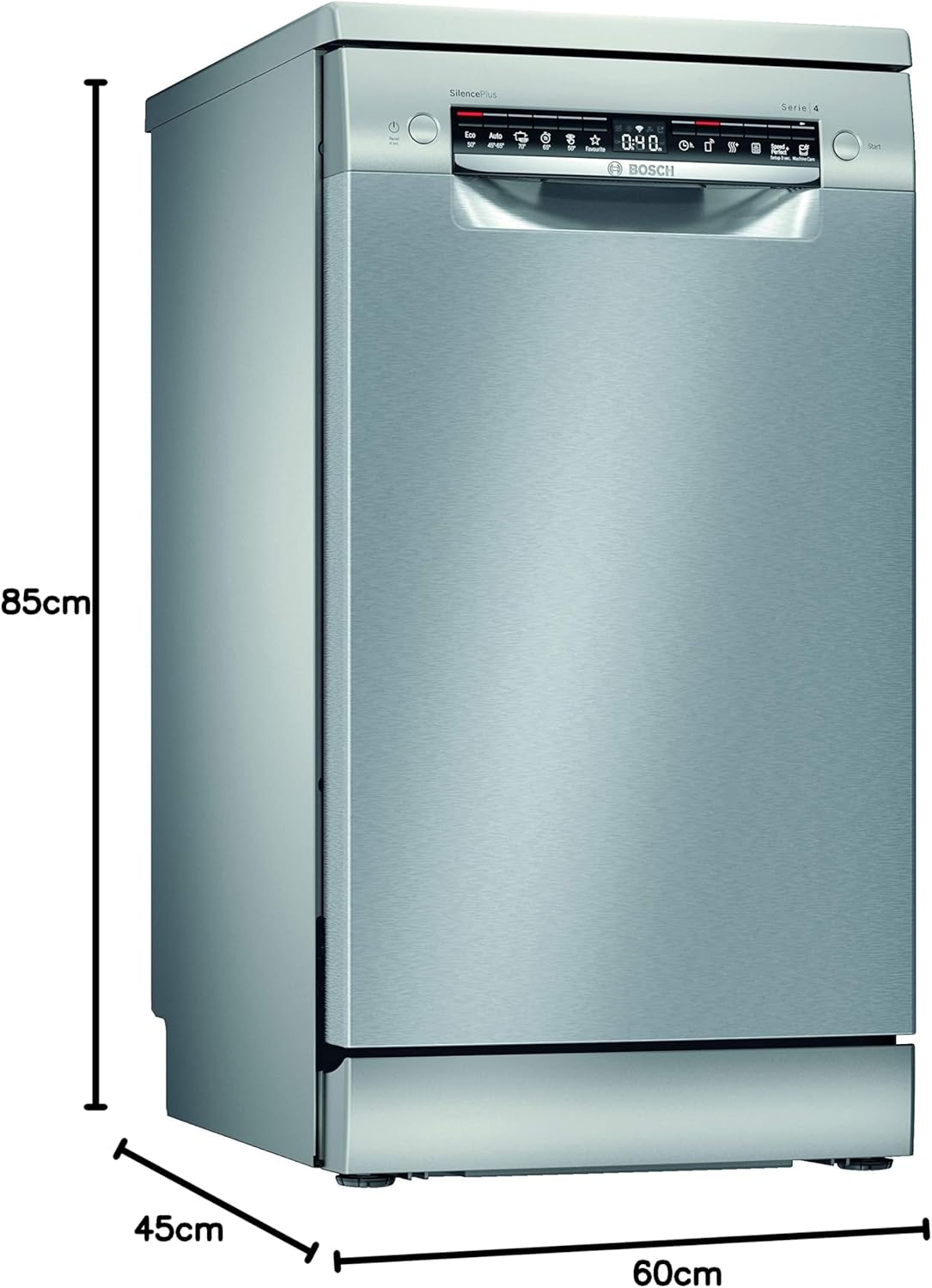 Bosch SPS4HMI61E Serie 4 Freistehender Geschirrspüler / E / 45 cm / Edelstahl / 76 kWh/100 Zyklen / 10 MGD / SuperSilence / Extra Trocknen / VarioSchublade / Home Connect