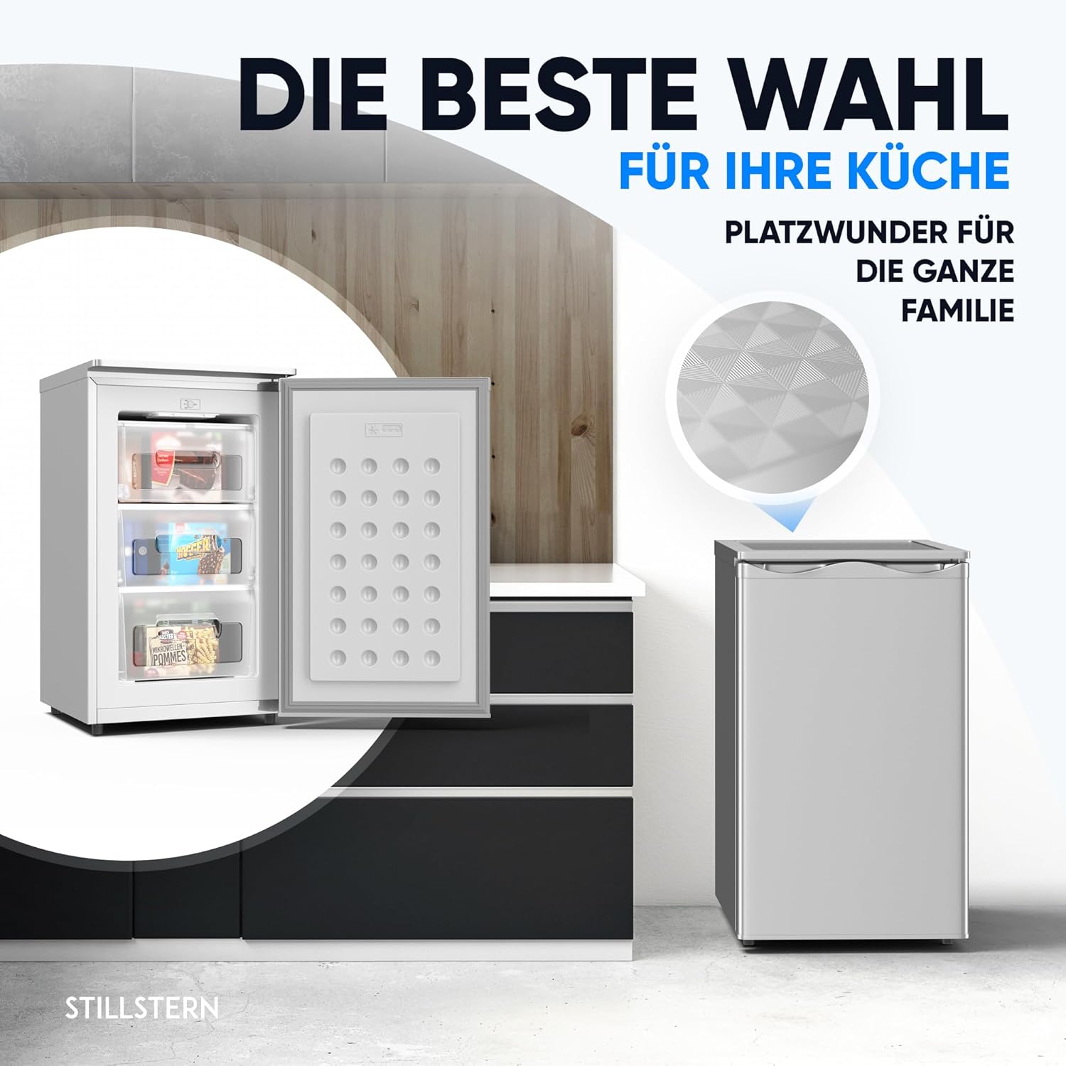 Stillstern Gefrierschrank C (73L) 4-Sterne-Gefrierfach -18°C, geringer Energieverbrauch, 3 Fächer, stufenlos regelbare Temperatur, wechselbarer Türanschlag, Gefrierschrank Klein, Tiefkühlschrank