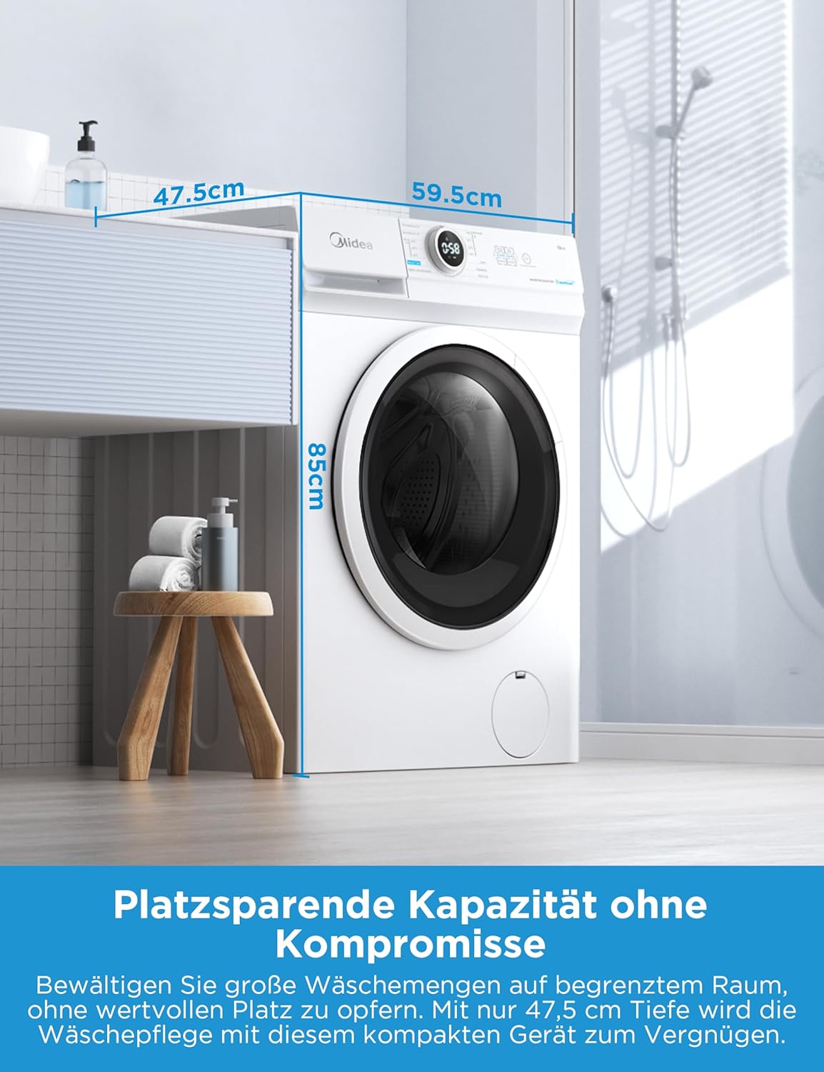 Midea MF10EW80B Waschmaschine / 8kg / 1400 U/Min/EEK A/Inverter Quattro Moto/Dampffunktion/Grosse Trommel/Slim Design/Nachlegefunktion/Kindersicherung/AquaStop, Weiß