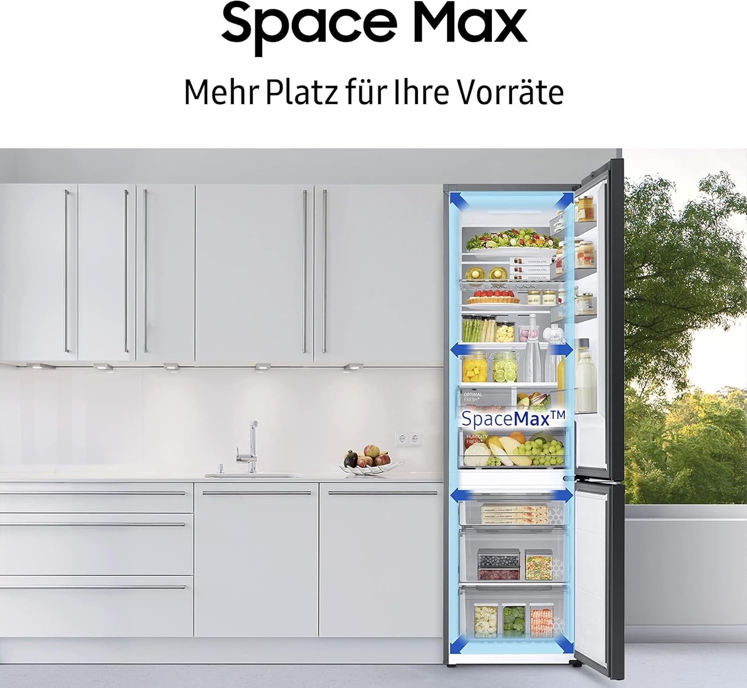 Samsung Kühl-Gefrier-Kombination, Kühlschrank mit Gefrierfach, 203 cm, 390 l Gesamtvolumen, 114 l Gefrierteil, AI Energy Mode, Flaschenregal, Premium Black Steel, RL38C602CB1/EG