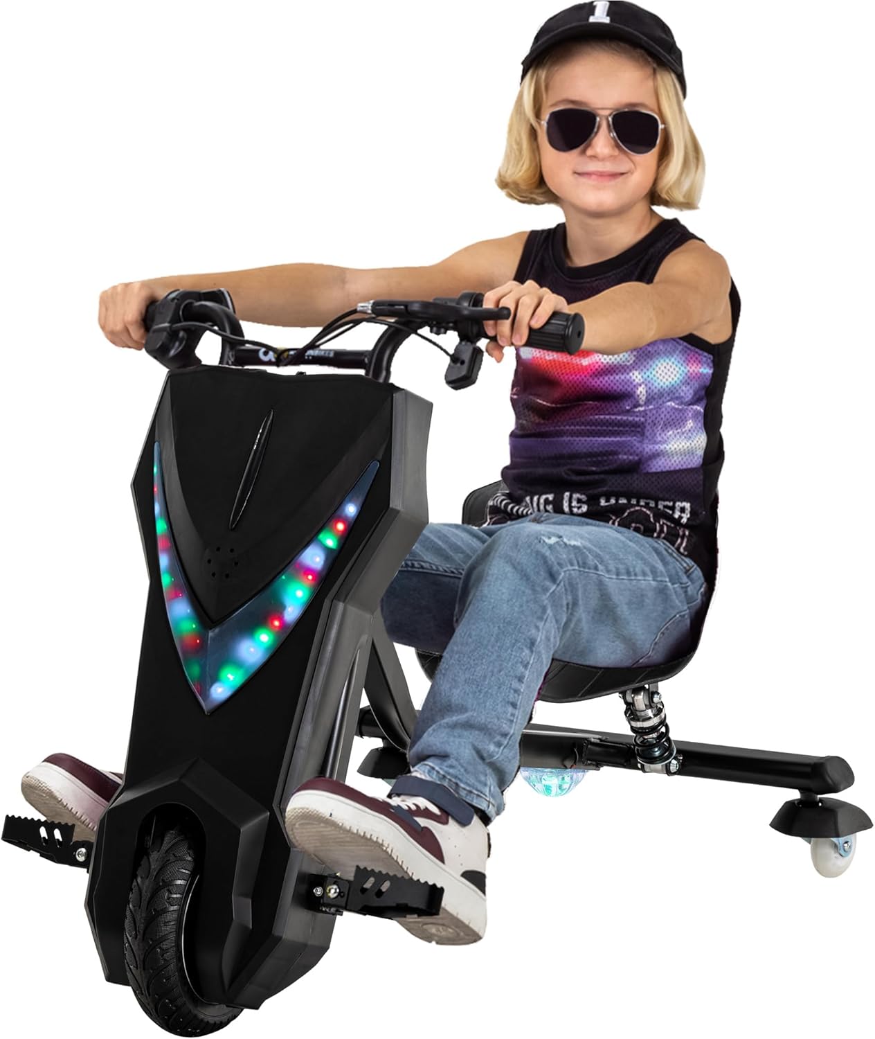 Actionbikes Motors Kinder Elektro Driftscooter | 𝟐𝟓𝟎 Watt Motor - Drift Cart 360°- 3 Geschwindigkeitsstufen - LED-Beleuchtung - Sitz verstellbar - Bluetooth - Drift Kart - Drift Auto (Space Purple)