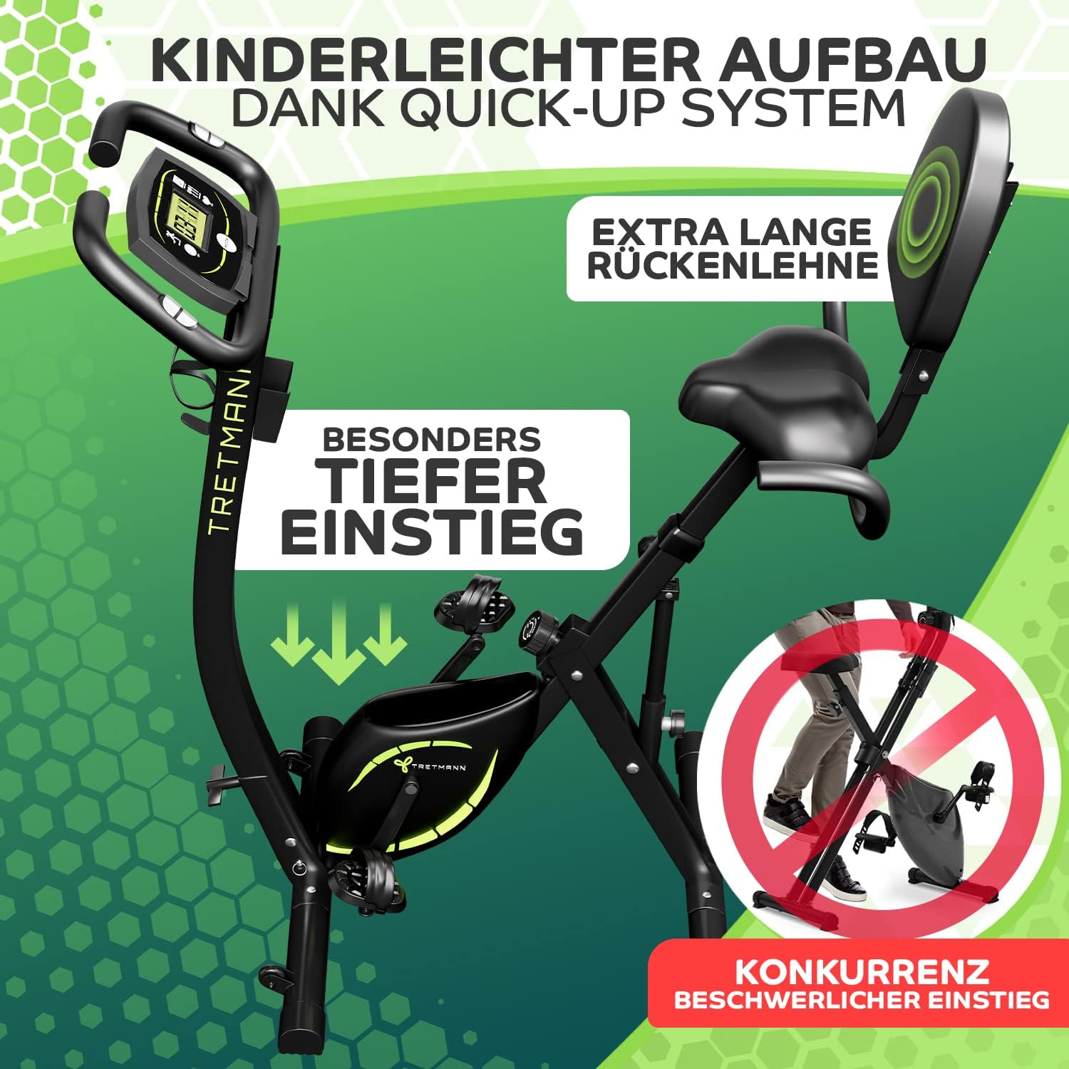 Tretmann NEU 3in1 Heimtrainer Fahrrad klappbar -extra leise & komfortabel - [SoftFoam] DEKRA geprüft - mit tiefem Einstieg Hometrainer Fahrrad Ergometer heimtrainer klappbar zuhause fitnessbikes
