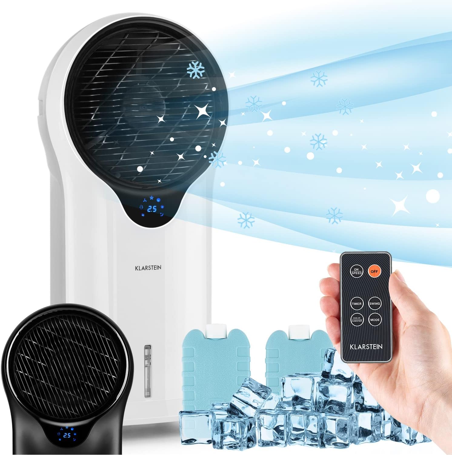Klarstein Luftkühler mit Wasserkühlung, 3-in-1 Verdunstungskühler, Luftbefeuchter & Ventilator, Mobile Klimageräte Luftkühler mit 5,5L Tank, 90W Air Cooler mit Nachtmodus, 1600m³/h Luftstrom