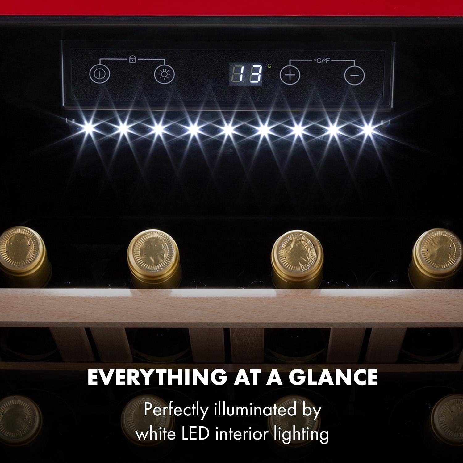 Klarstein Weinkühlschrank, Getränkekühlschrank Schmal, Kühlschrank mit Glastür, Getränkekühlschränke Freistehend, Weinkühlschrank Klein, Weinkühlschränke 1 Zone, UV-Schutz, 4-22 °C, 19 Flaschen