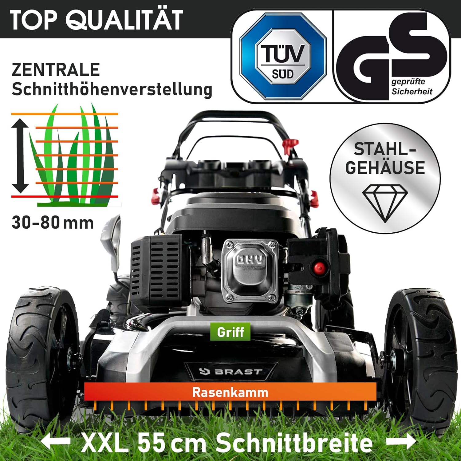 BRAST Benzin Rasenmäher mit Antrieb | 5,2kW (7PS) | 55cm Schnittbreite | viele Modelle | TÜV | 30-80mm Schnitthöhe | 60L Fangkorb | 4 Takt OHV Motor | Stahlgehäuse | Power