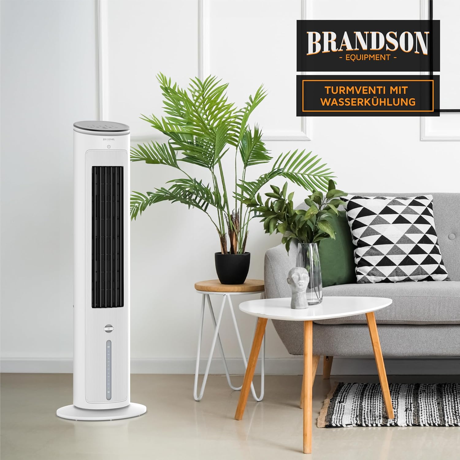 Brandson - Turmventilator mit Wasserkühlung - Preisträger 2025 - Verdunstungskühler - Luftkühler - Ventilator - mobile Klimaanlage ohne Abluftschlauch - 5 in 1 - leise - 4,6 L Wassertank - weiß