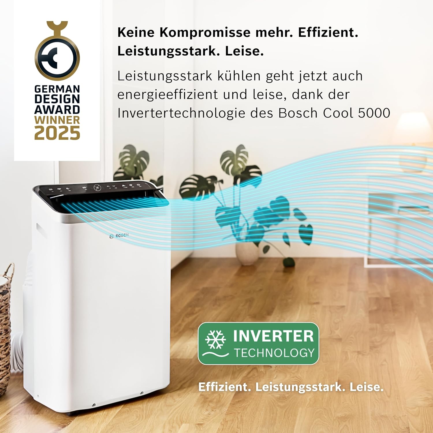 Bosch Cool 4000 Mobiles Klimagerät - 3-in-1: Klimagerät, Luftentfeuchter, Ventilator - 2,6 kW für Räume bis zu 35m² - Mit Auto-Modus, Silent-Modus & Sleep-Modus