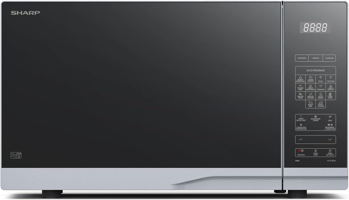 SHARP MG81ES Mikrowelle mit Grill (Mikrowelle: 900W, Grill: 1100W, 11 Leistungsstufen, Auftaufunktion, Abmessungen: 512x300x396cm, Emaille-Keramik-Garraum mit antibakteriellen Eigenschaften), silber