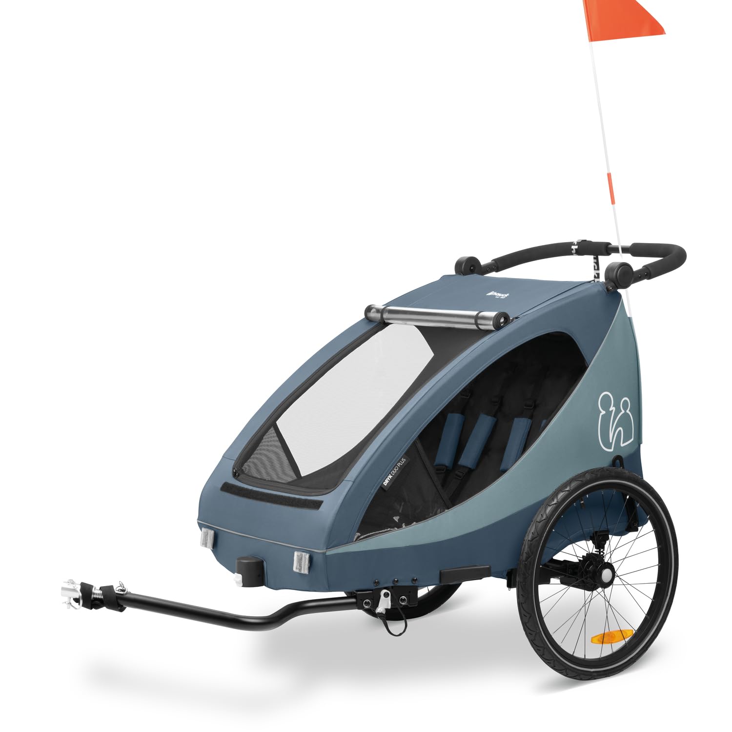 hauck Fahrradanhänger & Kinderwagen Dryk Duo Plus mit Federung, für 2 Kinder (6-48 Monate), inkl. Deichsel, Buggyrad, Fahne und LED Licht, Faltbar, Höhenverstellbar, XL Kofferaum (Dark Green)