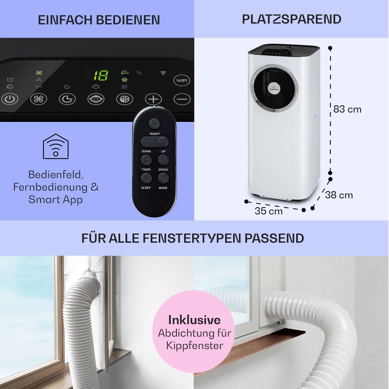 Klarstein Mobile Klimaanlage mit Abluftschlauch, 5-in-1 Klimagerät, Ventilator, Luftentfeuchter, Luftreiniger & Nachtmodus, App-Steuerung, Kleine & Portable für Wohnung & Büro, 12000 BTU