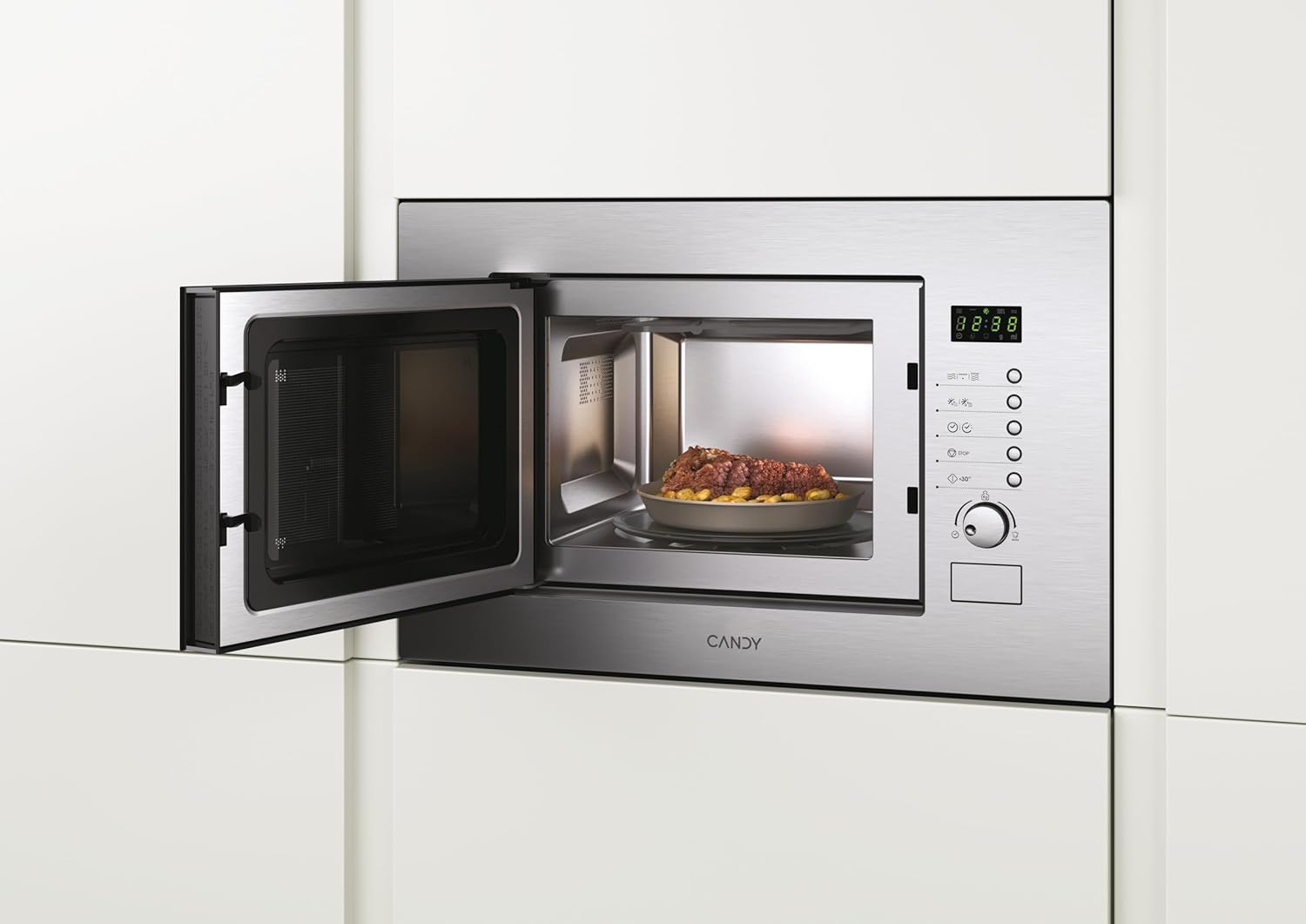 Candy MIC20GDFX Einbau-Mikrowelle mit Quarzgitter, 20 Liter, 800 W, 8 Leistungsstufen, Auftaufunktion, 34,3x59,5x38,8 Zentimeter, Edelstahl [Energieklasse A] [Energieklasse A]