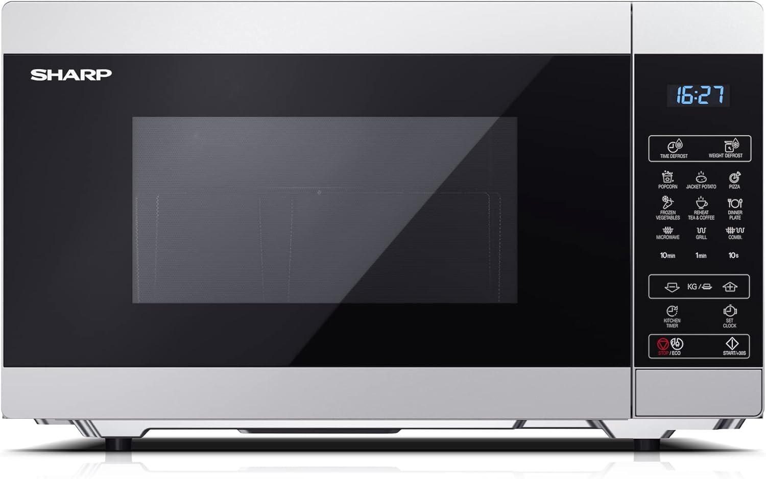 SHARP MG81ES Mikrowelle mit Grill (Mikrowelle: 900W, Grill: 1100W, 11 Leistungsstufen, Auftaufunktion, Abmessungen: 512x300x396cm, Emaille-Keramik-Garraum mit antibakteriellen Eigenschaften), silber