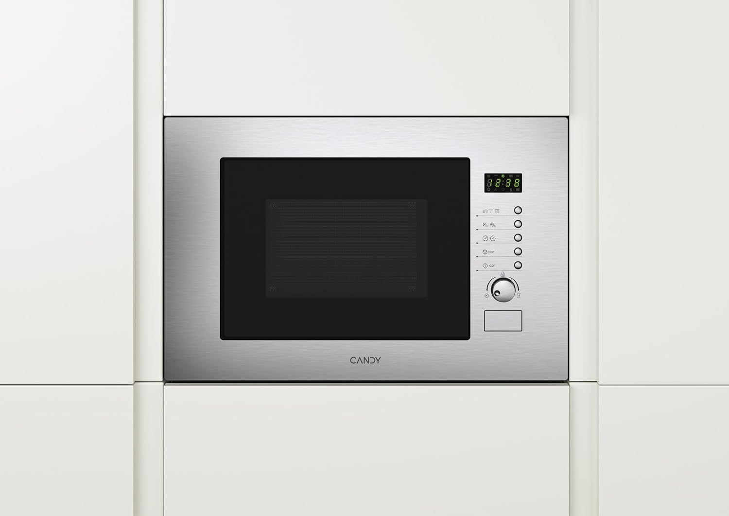 Candy MIC20GDFX Einbau-Mikrowelle mit Quarzgitter, 20 Liter, 800 W, 8 Leistungsstufen, Auftaufunktion, 34,3x59,5x38,8 Zentimeter, Edelstahl [Energieklasse A] [Energieklasse A]