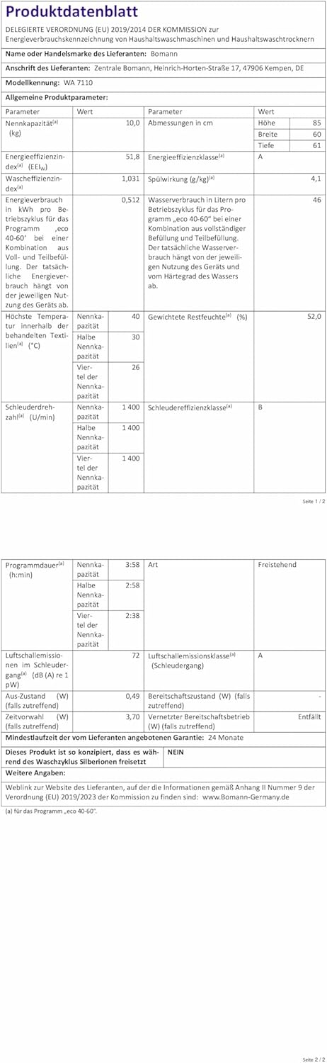 Bomann® Waschmaschine 10kg | max. 1400 U/min | 10 Jahre Motor-Garantie | effizienter, leiser & langlebiger Invertermotor | 15 Programme | Endzeitvorwahl | LED-Display | Washing Machine WA 7110