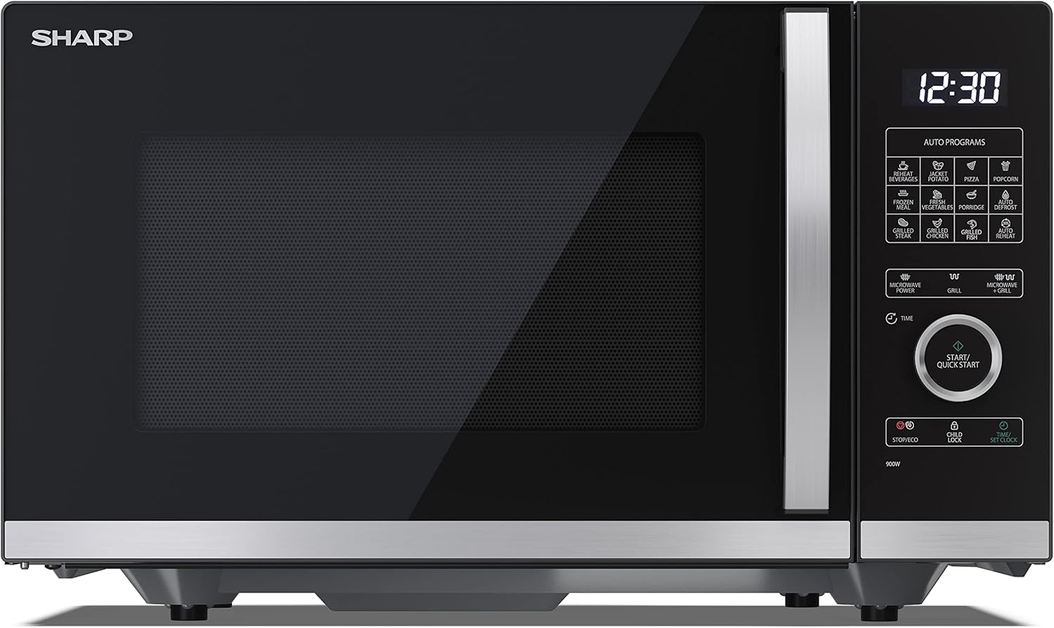 SHARP MG81ES Mikrowelle mit Grill (Mikrowelle: 900W, Grill: 1100W, 11 Leistungsstufen, Auftaufunktion, Abmessungen: 512x300x396cm, Emaille-Keramik-Garraum mit antibakteriellen Eigenschaften), silber