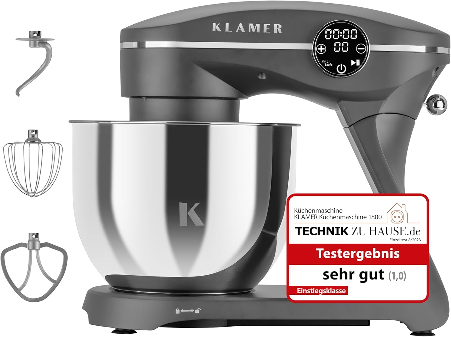 KLAMER Küchenmaschine 1800W, Knetmaschine mit 6 Liter Edelstahl Schüssel, 10 Geschwindigkeitsstufen mit Timer, Rührbesen, Knethaken, Schneebesen und Spritzschutz