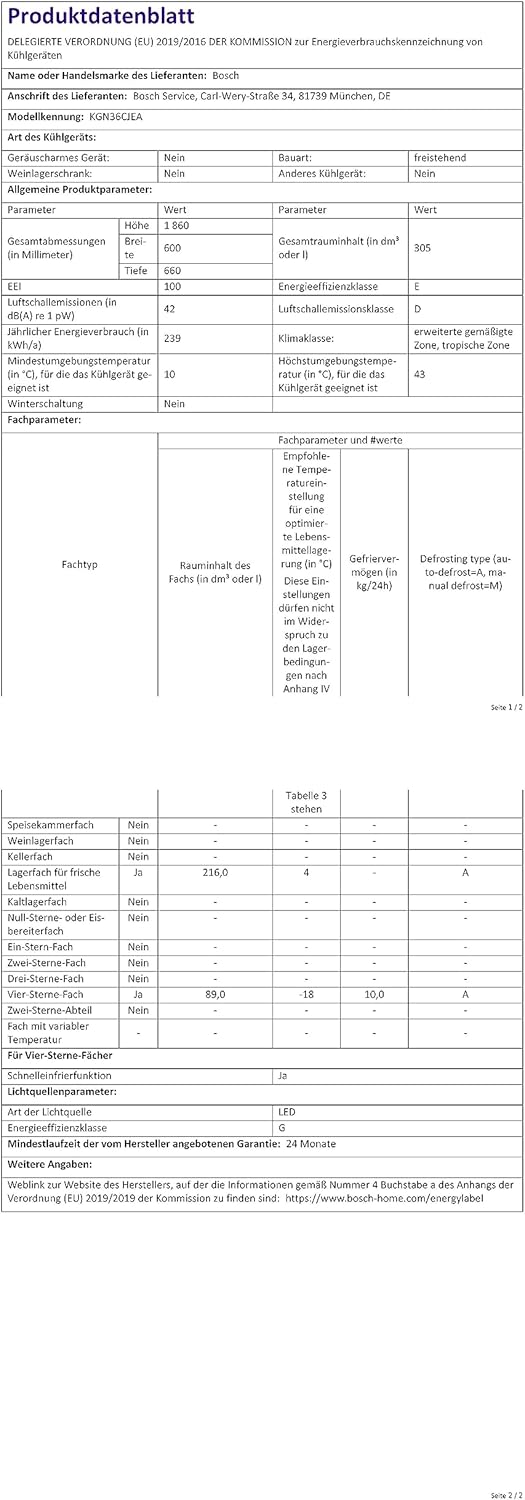 Bosch KGN36NWEA Serie 2 Kühl-Gefrier-Kombination, 186 x 60 cm, 215 L Kühlen & 87 L Gefrieren, NoFrost nie wieder abtauen, LED-Beleuchtung gleichmäßige Ausleuchtung