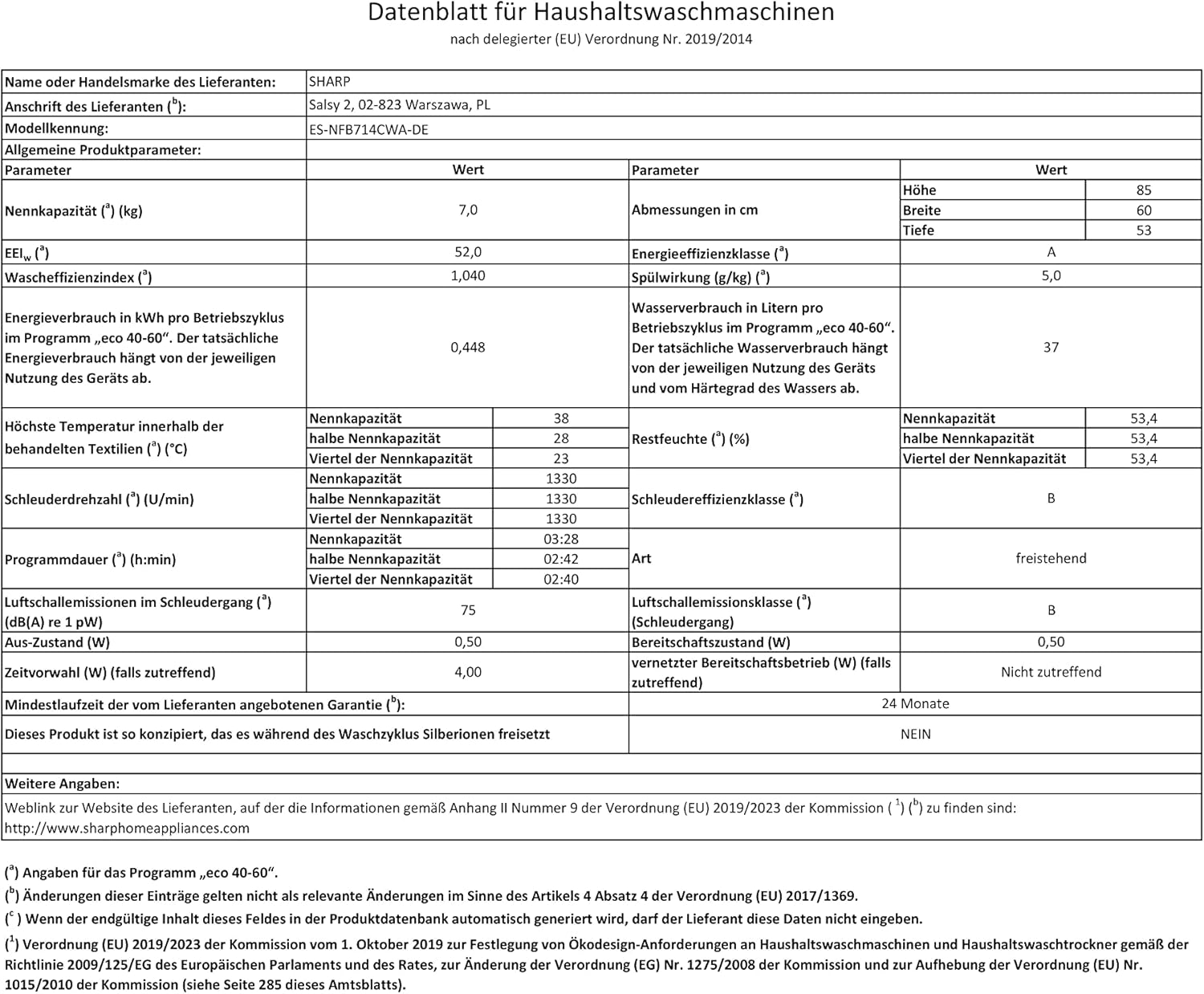 SHARP ES-NFB714CWA-DE Waschmaschine Frontlader/A / 7 kg / 1400 U/min/Advanced Inverter Motor/Dampf-Funktion / 15 Programme inkl. 12 min Kurzprogramm/AquaStop/Weiß