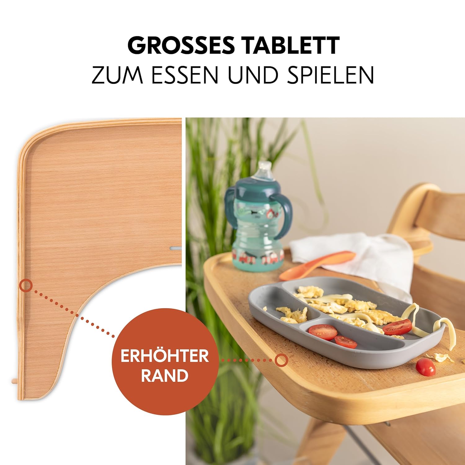 hauck Hochstuhl Beta+ Newborn Set Eco Bouncer - mitwachsender Holz Babyhochstuhl ab Geburt, inkl. Neugeborenenaufsatz, Sitzpolster und Essbrett - Dark Grey