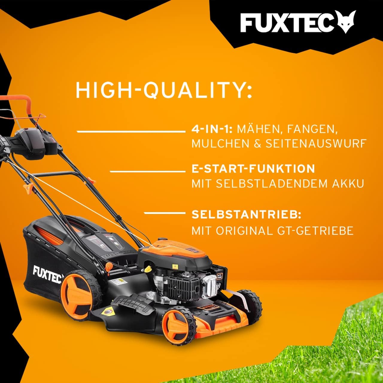FUXTEC 4in1 Benzin Rasenmäher FX-RM5196eSPRO mit E-Start und regulierbarem Selbstantrieb, Gartenmäher inkl. Frontstoßstange, 51 cm Schnittbreite, kugelgelagerte Big Wheel Räder, 60L Grasfangkorb