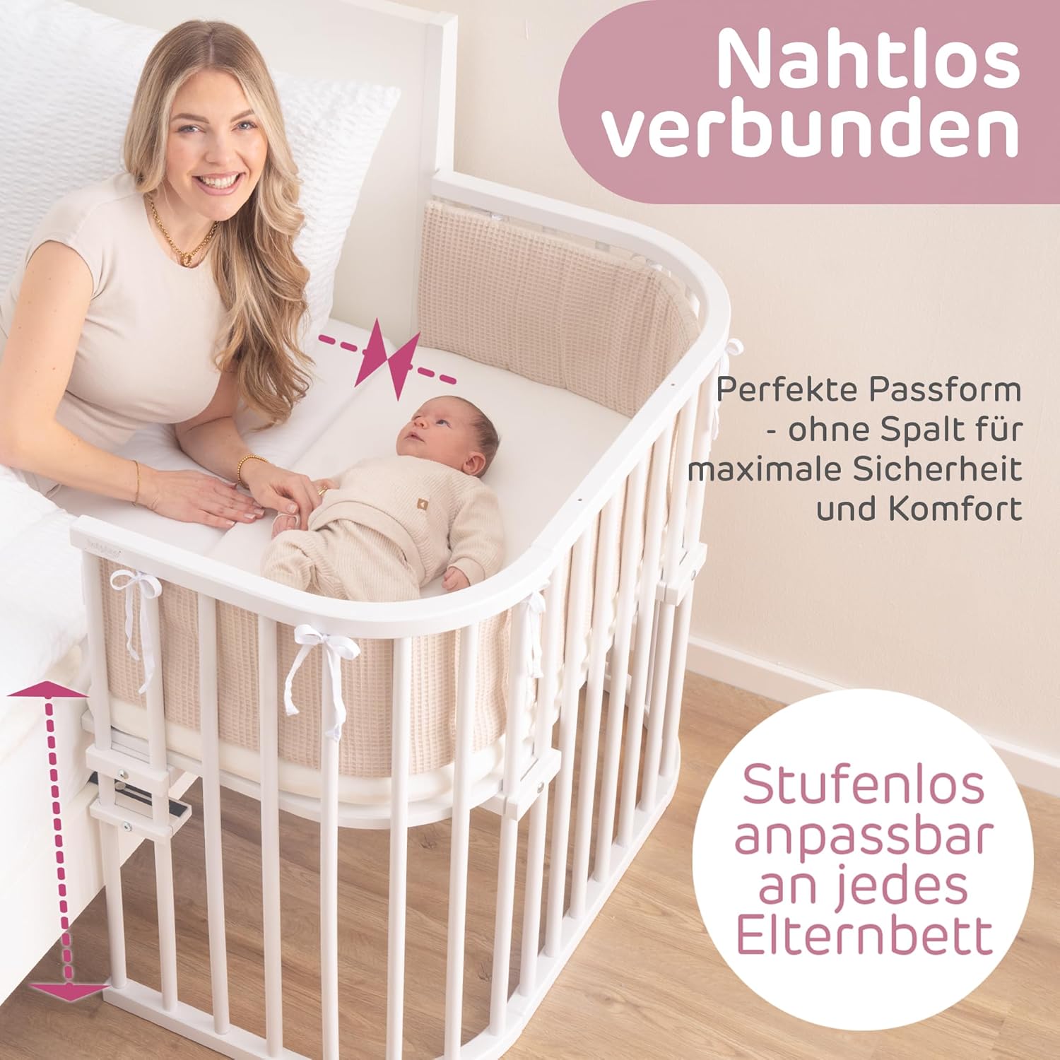 babybay Original Beistellbett aus massivem Buchenholz / kompakt & verwandelbar / Kinderbett Höhe stufenlos verstellbar & umweltfreundlich / mitwachsendes Babybett (weiß lackiert) / inkl. Matratze