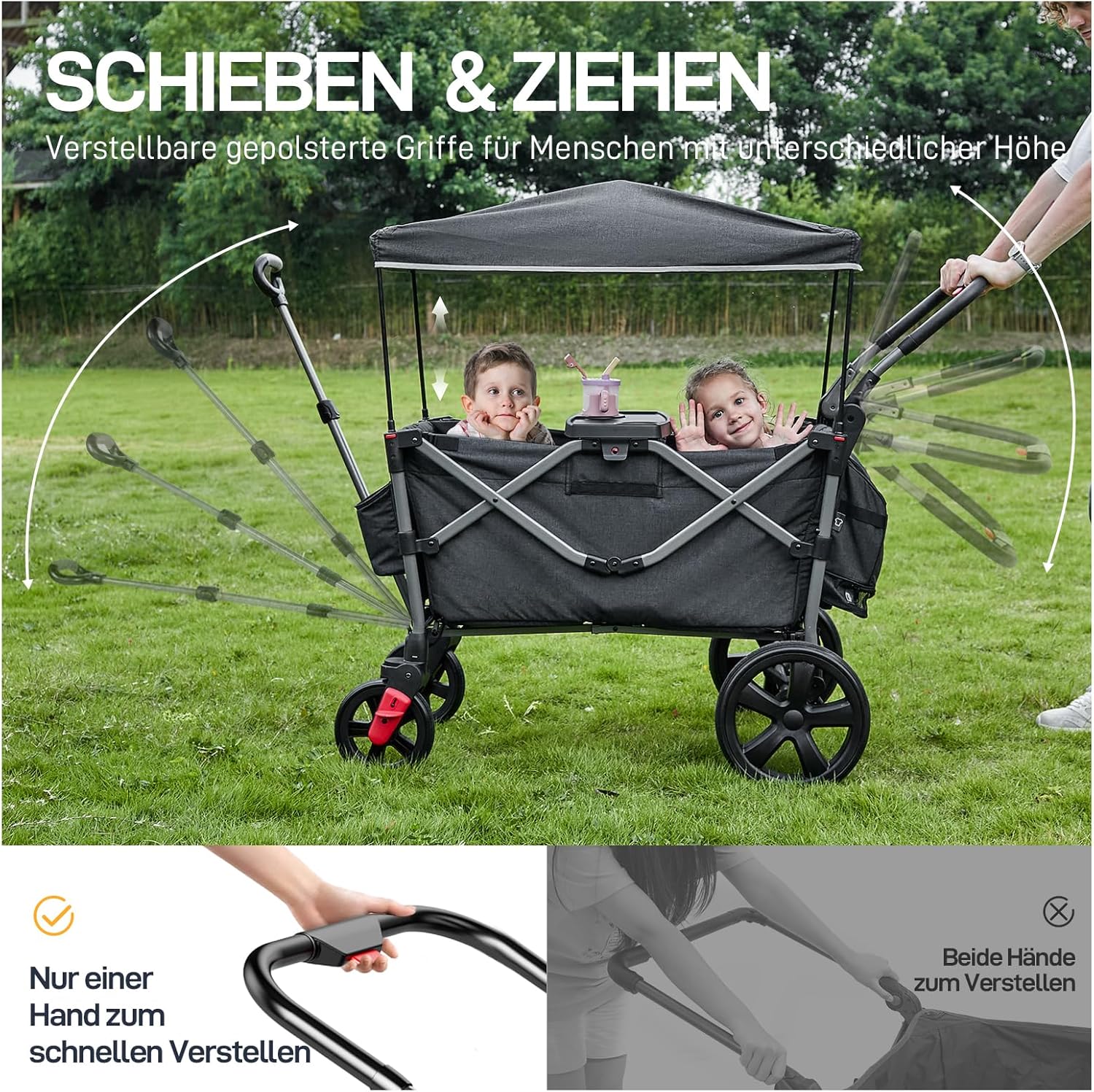 EVER ADVANCED Bollerwagen für 2 Kinder Faltbar mit Dach, Kinderwagen 2x5 Punkt Sicherheitsgurt mit Wickelrucksack, Bollerwagen mit Sitz, Handwagen Transportwagen, Ziehen & Schieben, Fußbremse
