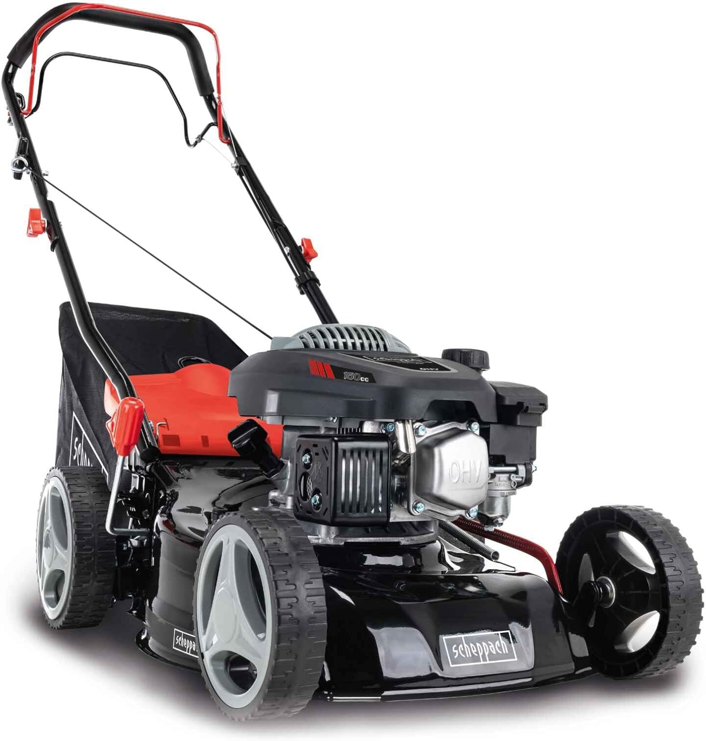 Scheppach Benzin Rasenmäher MS150-42 - 3,5PS | Schnittbreite 42cm | Radantrieb | Stahlgehäuse | Reinigungsfunktion | Mulchfunktion | 45 Liter Fangkorb | Höhenverstellung in 7 Stufen (25-75mm)