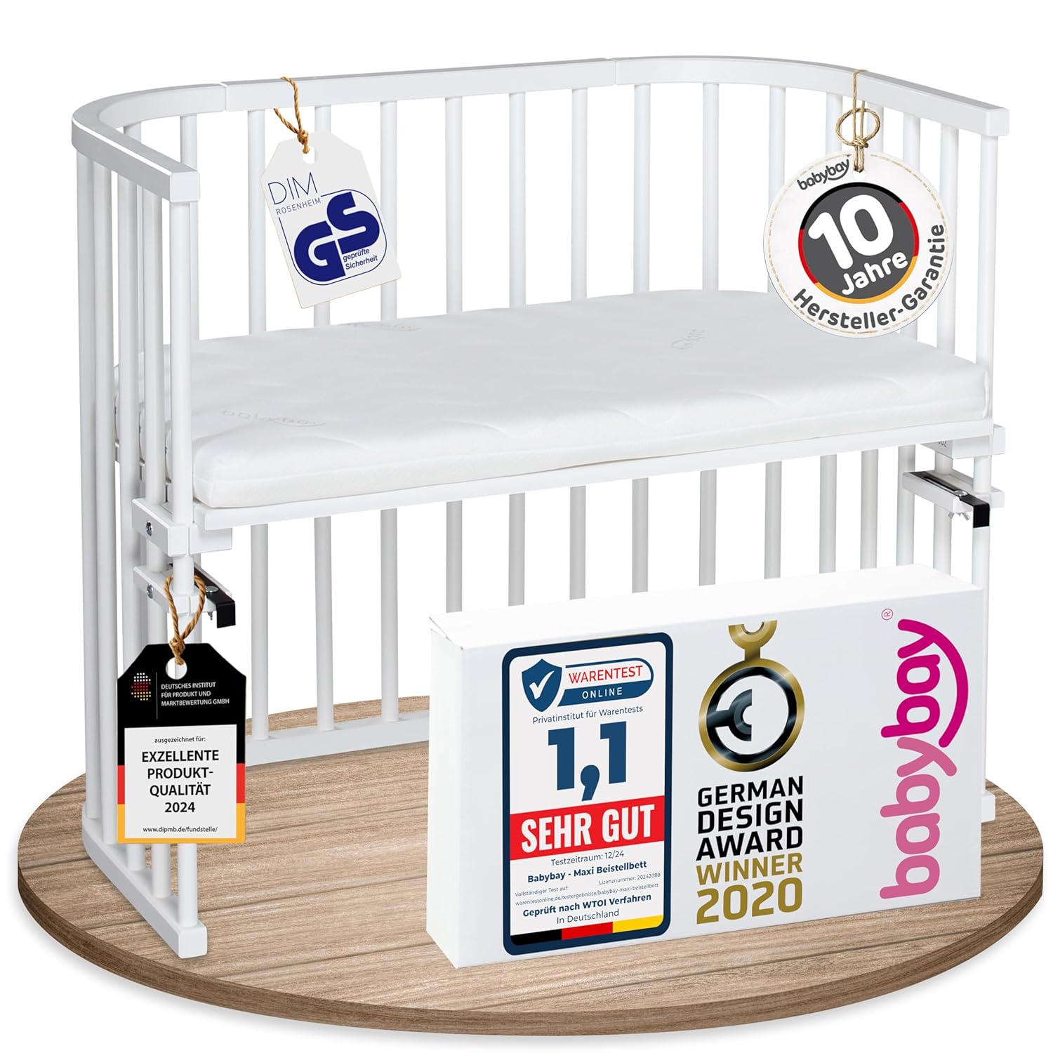 babybay Original Beistellbett aus massivem Buchenholz / kompakt & verwandelbar / Kinderbett Höhe stufenlos verstellbar & umweltfreundlich / mitwachsendes Babybett (weiß lackiert) / inkl. Matratze