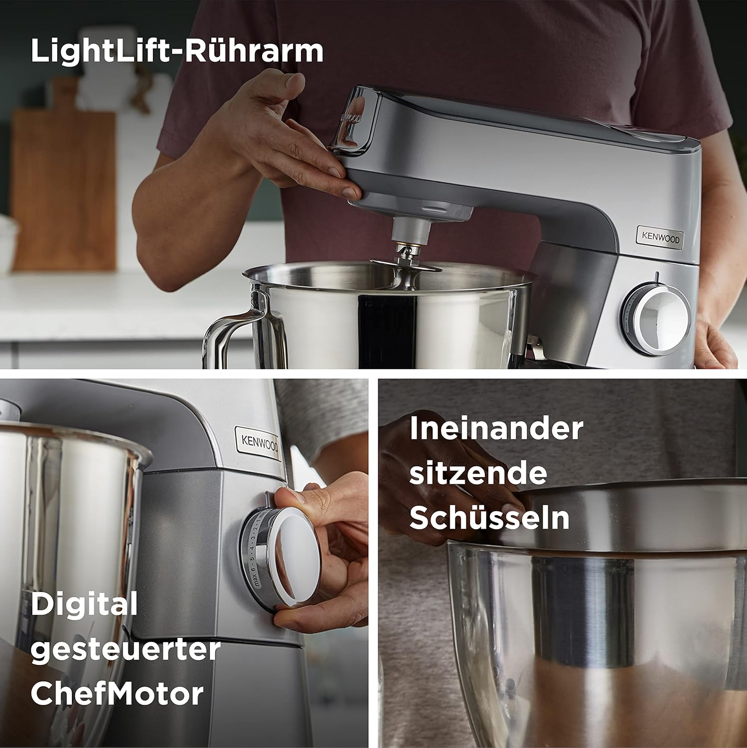 Kenwood Titanium Chef Baker KVL85.424SI Küchenmaschine mit integrierter Waage, inkl. 4-teiligem Patisserie-Set, 7 L und 5L Rührschüssel, stufenloser Geschwindigkeitsregler, 1200 W, Silber
