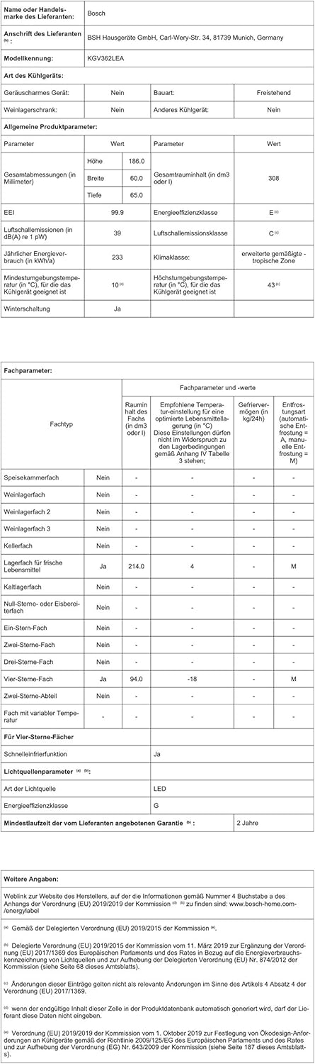Bosch KGN36NWEA Serie 2 Kühl-Gefrier-Kombination, 186 x 60 cm, 215 L Kühlen & 87 L Gefrieren, NoFrost nie wieder abtauen, LED-Beleuchtung gleichmäßige Ausleuchtung