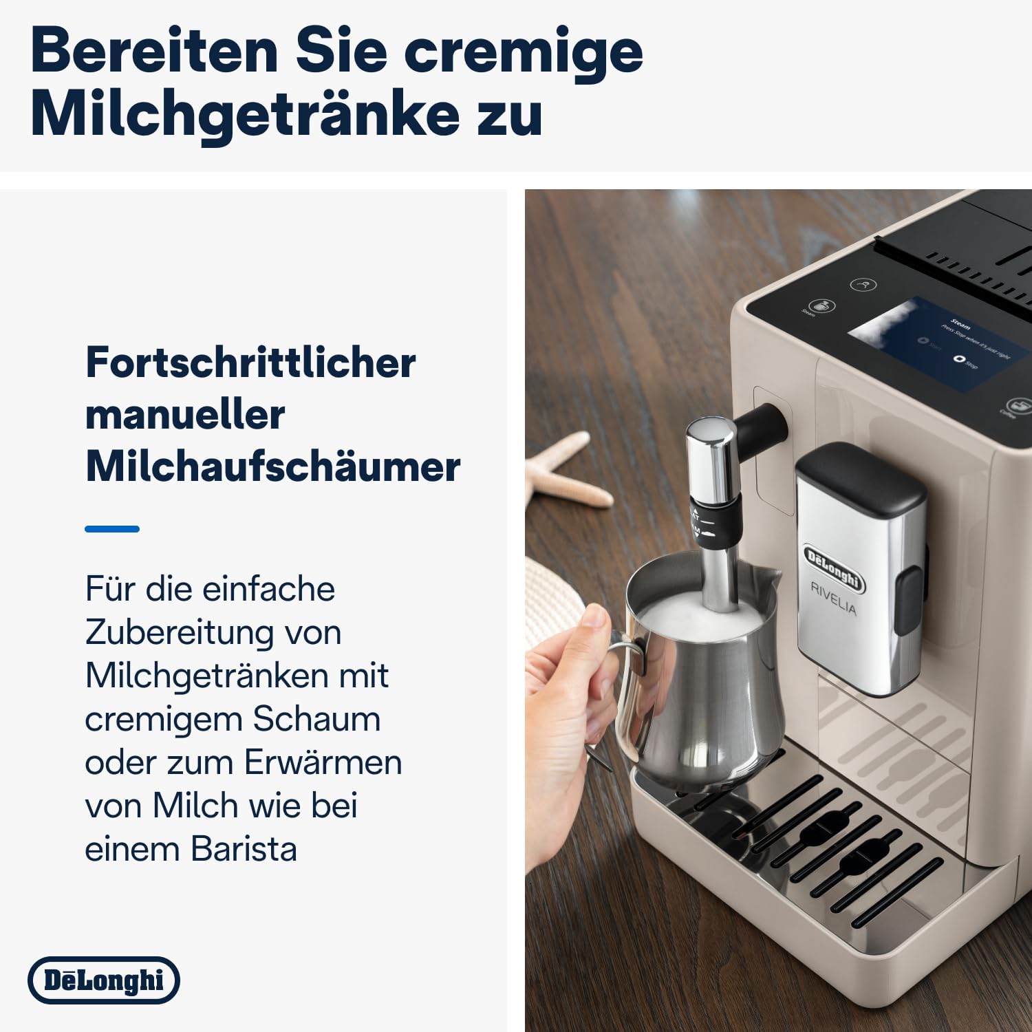 De'Longhi Rivelia EXAM440.55.W Kaffeevollautomat mit LatteCrema Milchsystem, Wechselbarer Bohnenbehälter, 16 Kaffee- & Milchgetränke auf Knopfdruck, Extra-Shot-Funktion, 3,5 Touch-Display, Weiß