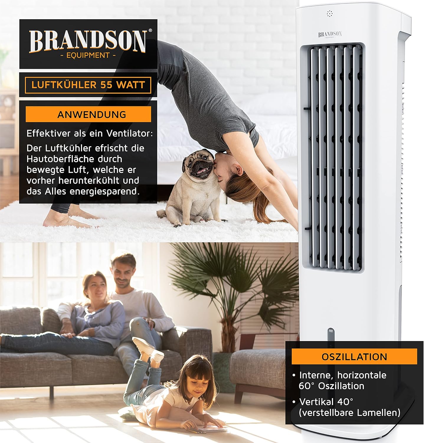 Brandson - Luftkühler mit Wasserkühlung 5 in 1 - Verdunstungskühler, Luftbefeuchter, Ventilator & Luftreiniger, mobile Klimaanlage ohne Abluftschlauch - Preisträger 2025 - leise - 5L Wassertank