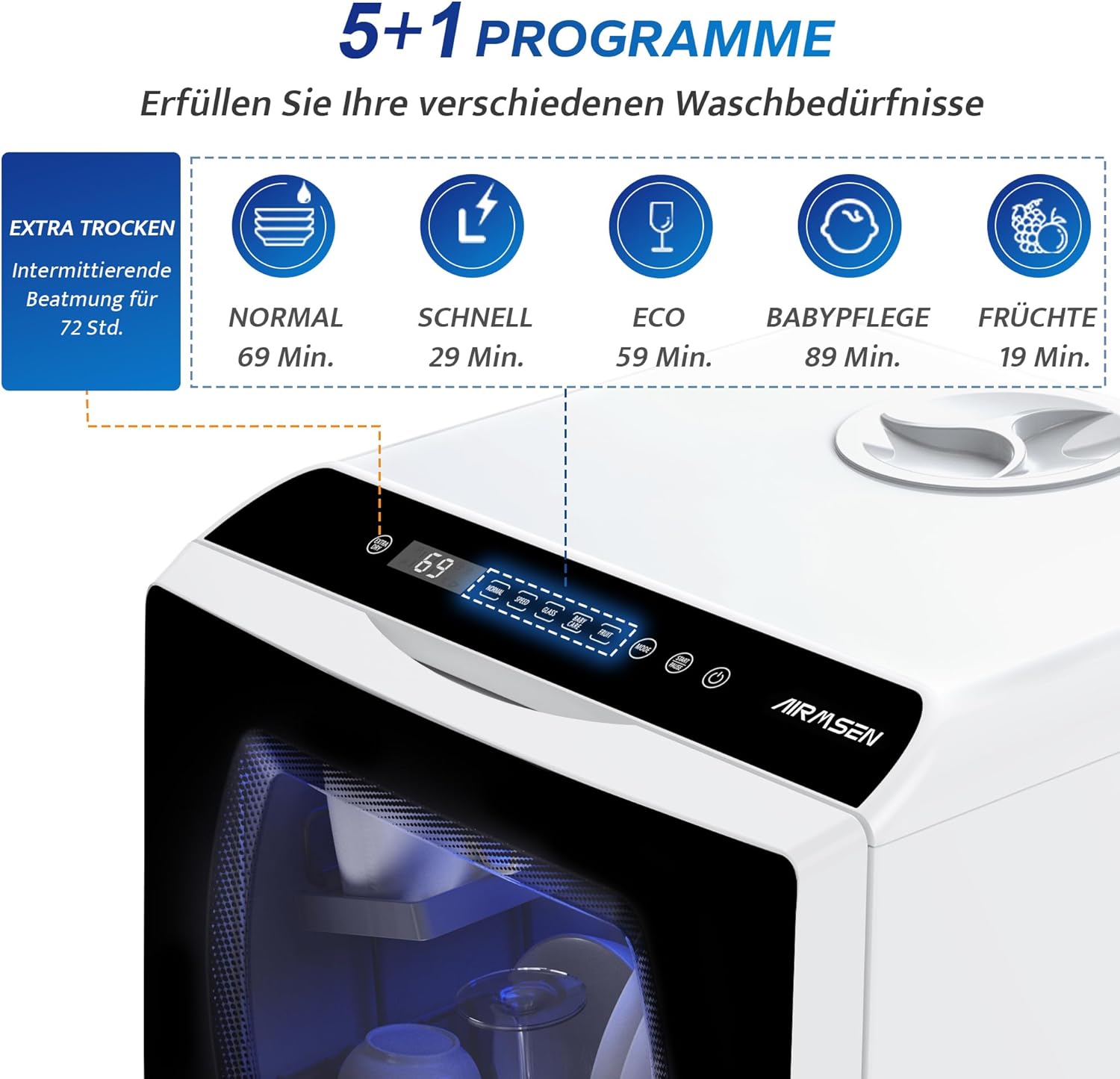 AIRMSEN Mini Geschirrspüler Tischgeschirrspüler mit 5+1 Programme 5L Wassertank, 2 Wege Wasserversorgung, Touch Control & LED-Display, Geeignet für Hausküchen, Wohnungen, Schlafsäle, Weiß & Schwarz
