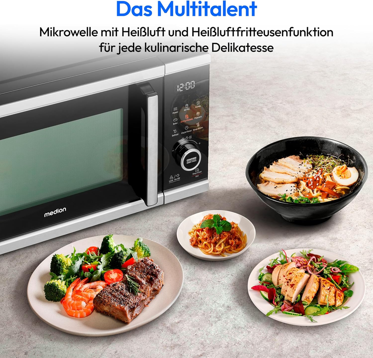 MEDION Mikrowelle mit Heißluftfritteusenfunktion (25 Liter, 1.500 Watt Heißluft, 900 Watt Mikrowelle, 9 Automatikprogramme, Popcorn-Taste, Auftaufunktion, LED Display, MD11499)