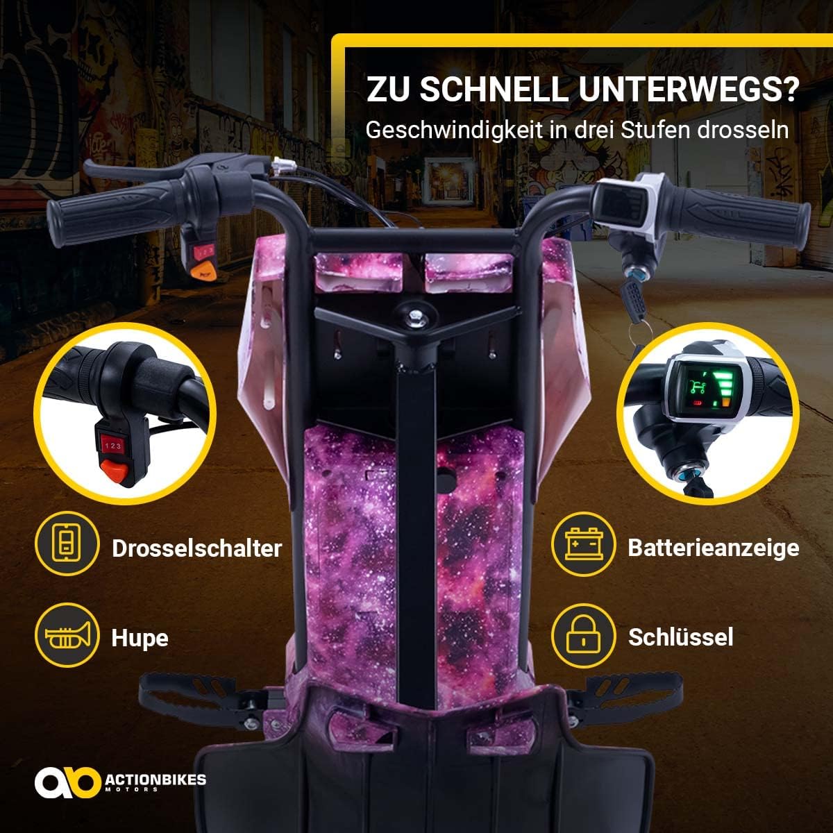 Actionbikes Motors Kinder Elektro Driftscooter | 𝟐𝟓𝟎 Watt Motor - Drift Cart 360°- 3 Geschwindigkeitsstufen - LED-Beleuchtung - Sitz verstellbar - Bluetooth - Drift Kart - Drift Auto (Space Purple)