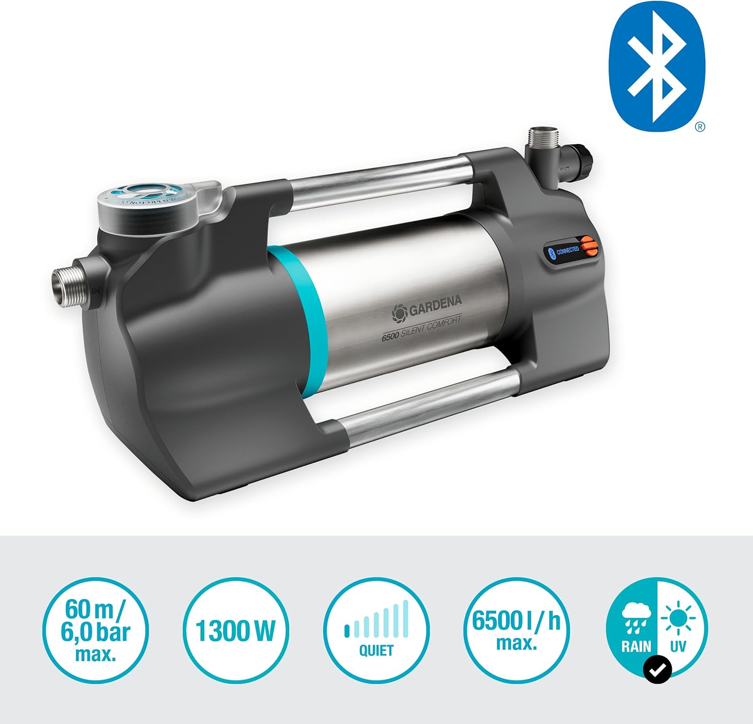 Gardena Gartenpumpe 6500 SilentComfort: Extra leise Bewässerungspumpe via App steuerbar, Fördermenge 6500 l/h, Trockenlaufsicherung, rostfreier Edelstahl, stromsparend und wasserfest (9059-20)
