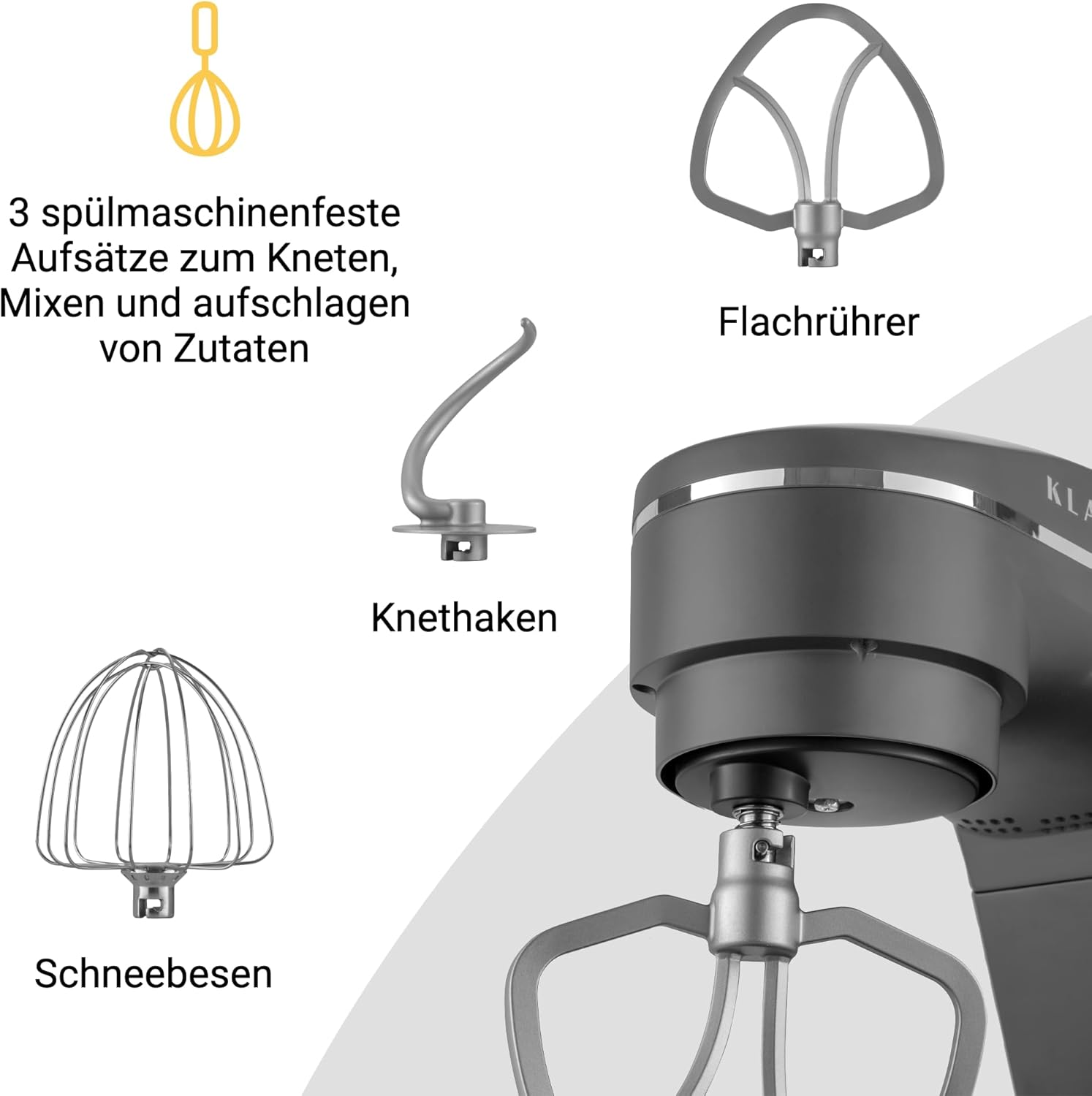KLAMER Küchenmaschine 1800W, Knetmaschine mit 6 Liter Edelstahl Schüssel, 10 Geschwindigkeitsstufen mit Timer, Rührbesen, Knethaken, Schneebesen und Spritzschutz