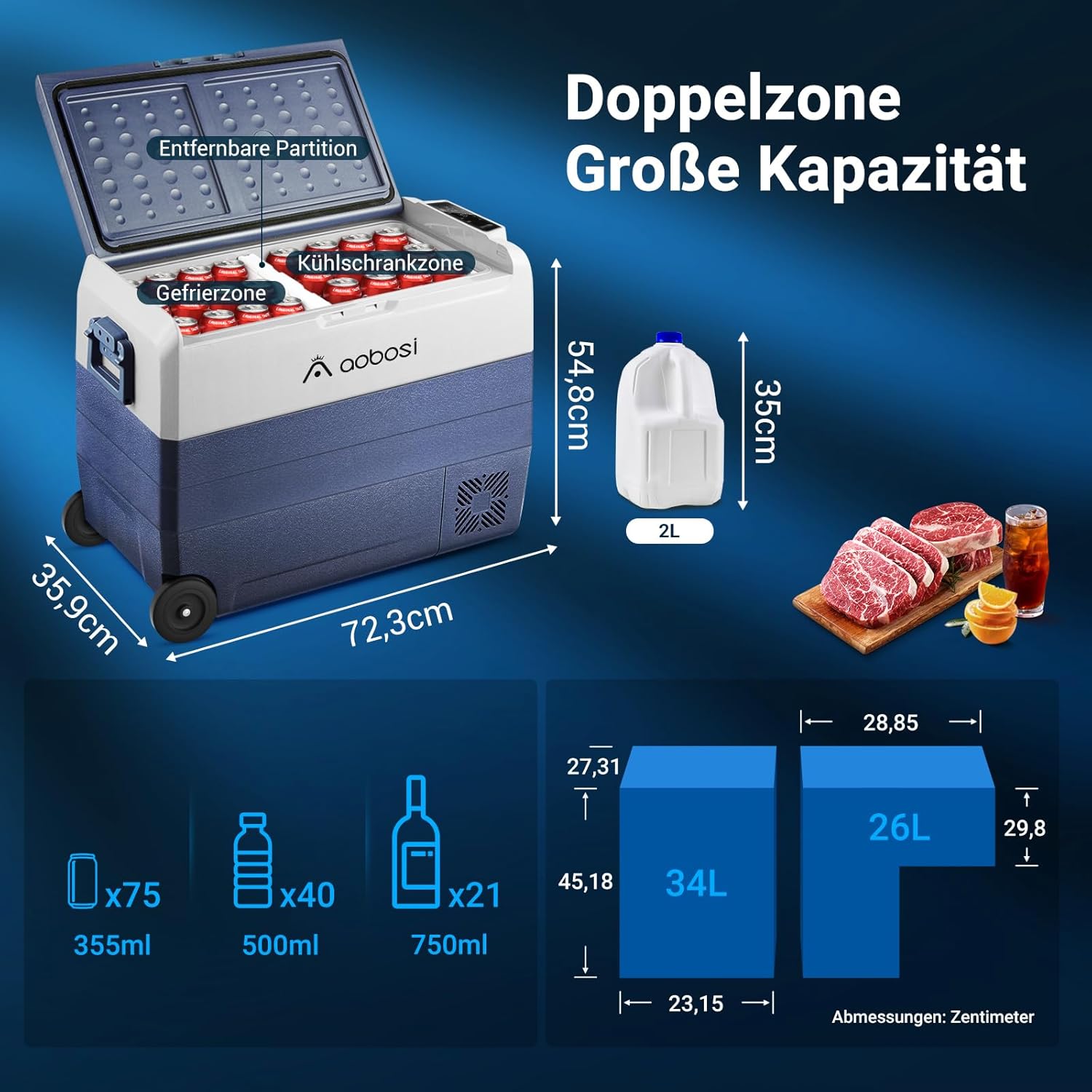 AAOBOSI Compressor Cool Box 36 L, Cool Box Car with WiFi App Control, 12/24 V and 100-240 V Electric Cool Box, up to -20 °C for Car, Truck, Boat, Motorhome, Camping, Double Zone