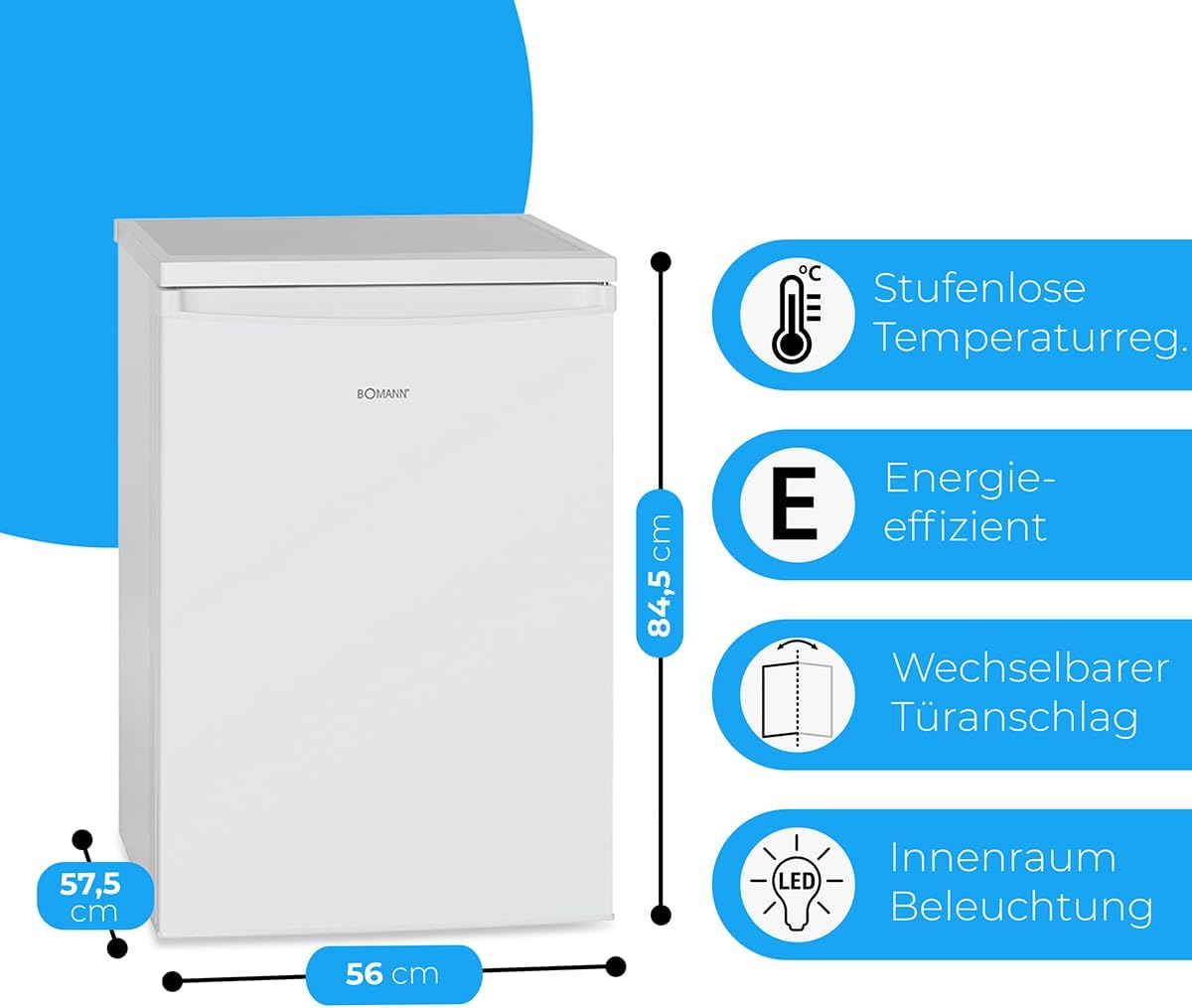 Bomann® Kühlschrank mit Gefrierfach | Kühlschrank klein mit 120L Nutzinhalt | Kühlen 107L & Gefrieren 13L | Fridge mit 3 Türablagen & 2 Glasablagen | wechselbarer Türanschlag | KS 2184.1 inox